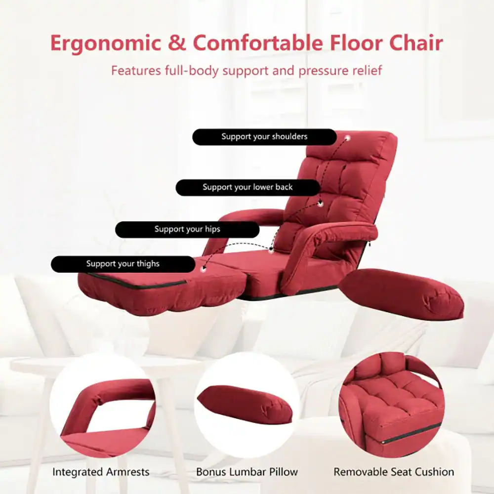 Ergonomic & Comfortable Floor Chair  
Features full-body support and pressure relief  

- Support your shoulders  
- Support your lower back  
- Support your hips  
- Support your thighs  

Integrated Armrests  
Bonus Lumbar Pillow  
Removable Seat Cushion