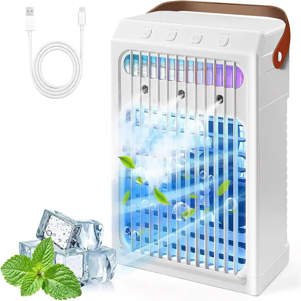 Front. RTMB - Three-speed quiet evaporative air cooler, two-four-six-hour timer off - White.
