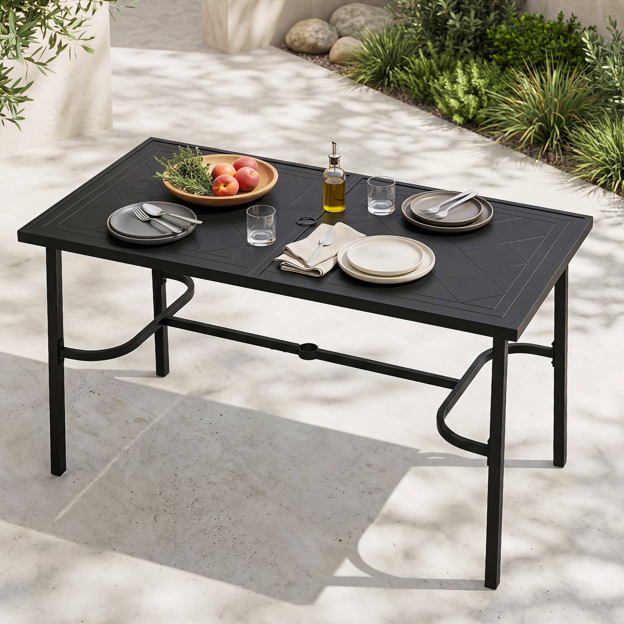 Angle. Nuu Garden - Metal Rectangular Outdoor Bar Table with Diamond-Patterned Tabletop - Black.