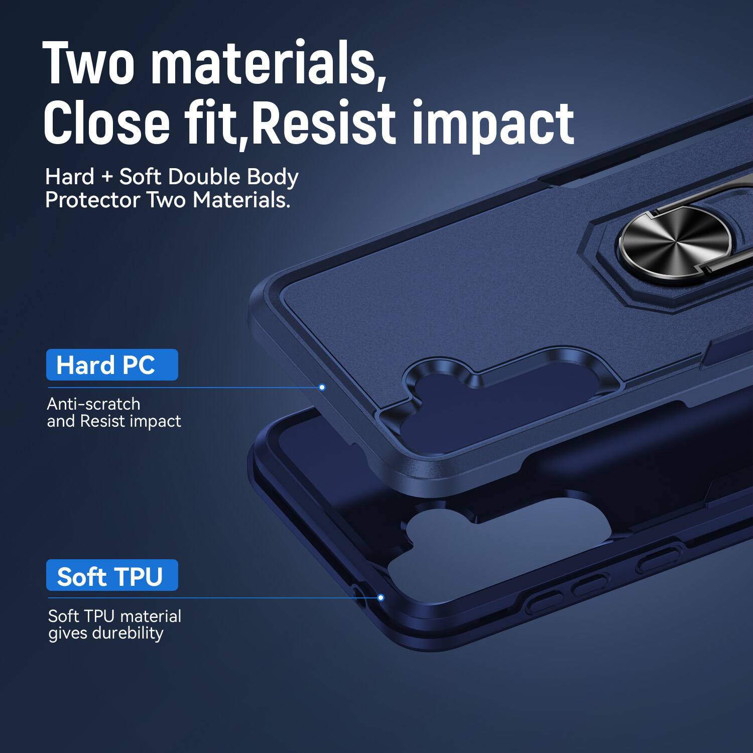 Two materials, Close fit, Resist impact  
Hard + Soft Double Body Protector Two Materials.  
Hard PC  
Anti-scratch and Resist impact  
Soft TPU  
Soft TPU material gives durability