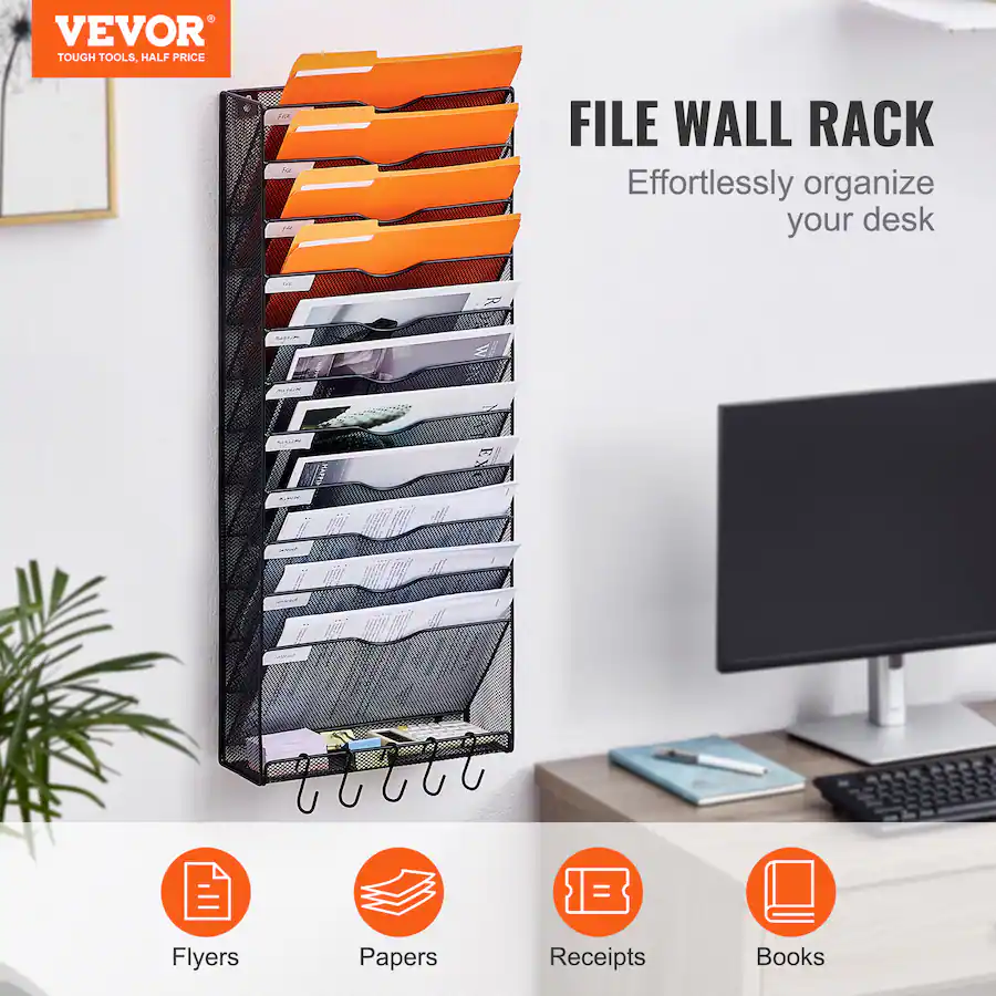 VEVOR File Wall Rack, One Piece 12 Pockets Mesh Wall File Holder, Wall ...