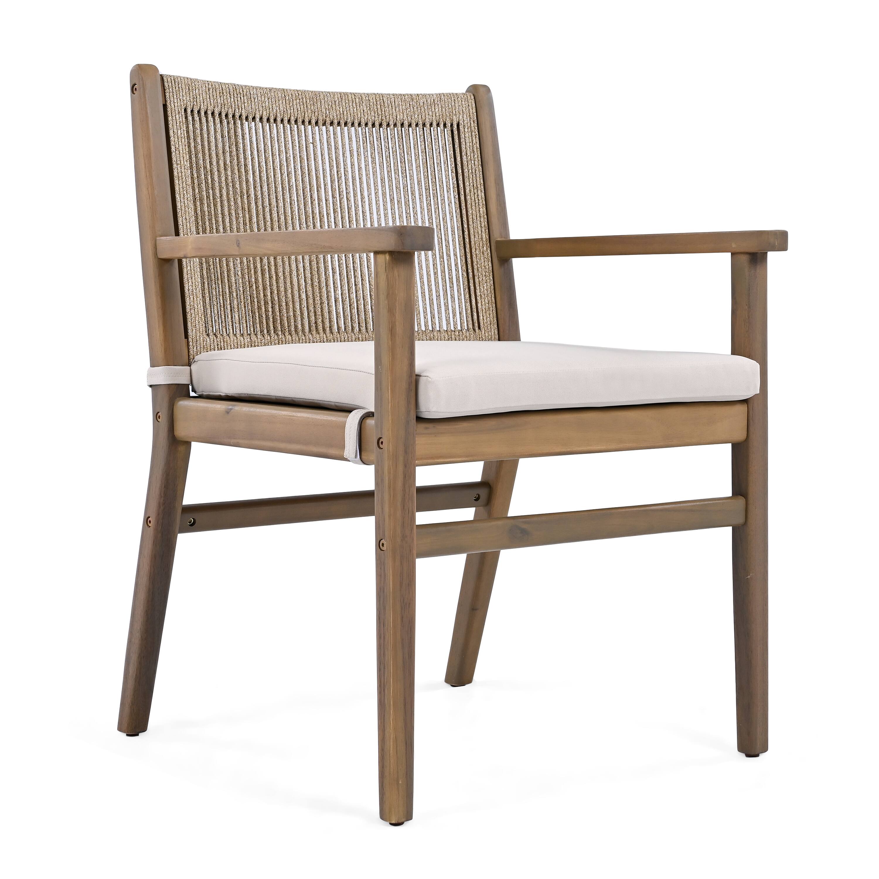 Back. Mondawe - Set of 2 Acacia Wood Patio Armchair with Rope Design Back and Water Repellent Cushion - Light Brown.