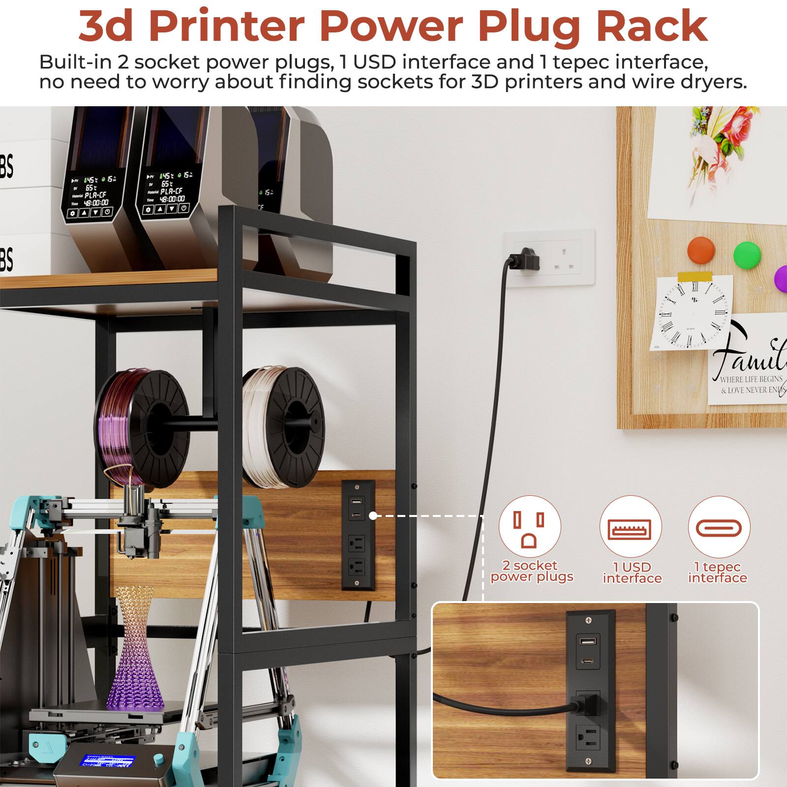 3d Printer Power Plug Rack

Built-in 2 socket power plugs, 1 USD interface and 1 tepec interface, no need to worry about finding sockets for 3D printers and wire dryers.