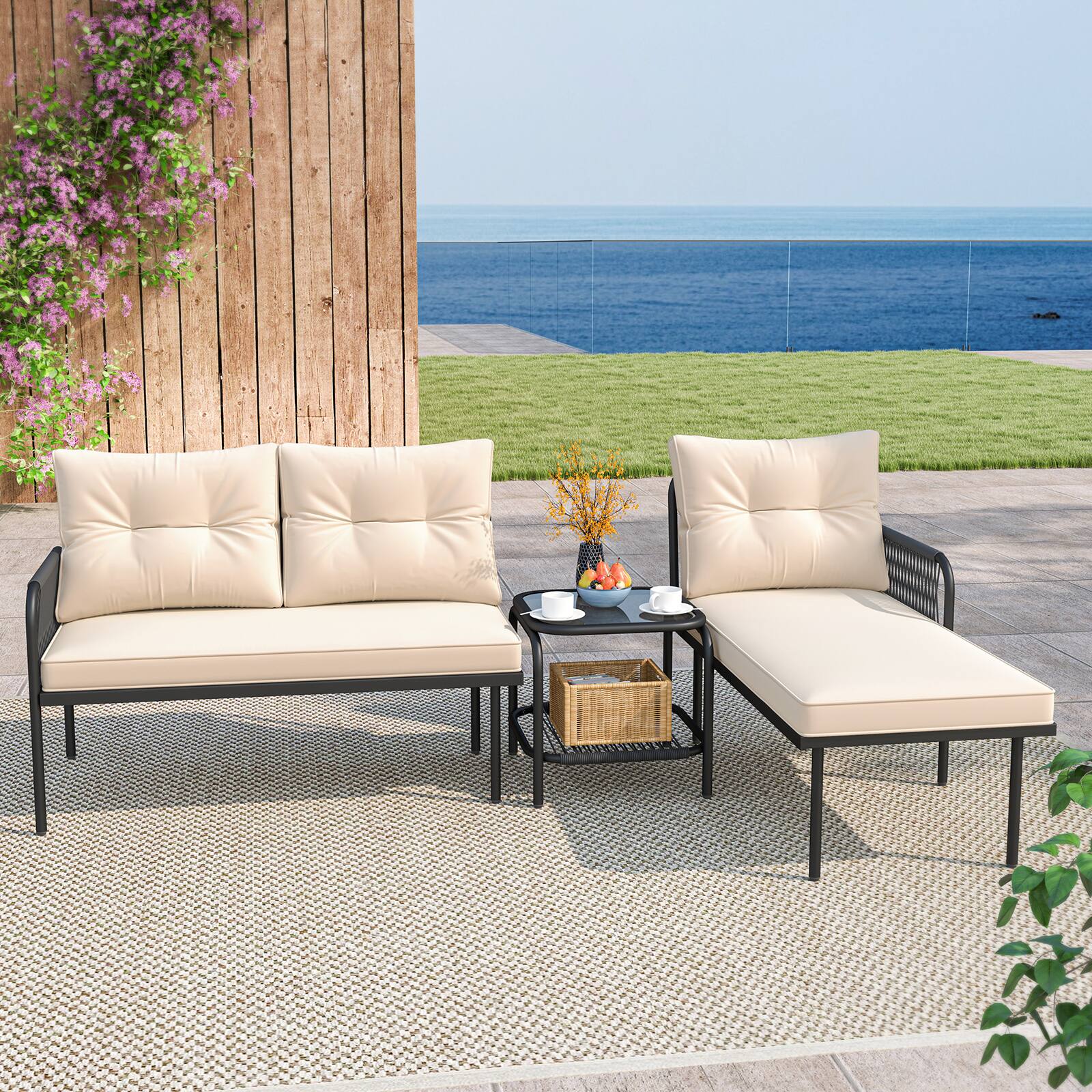 Alt View 4. Gymax - Gymax 3-Piece L Shaped Patio Furniture Set w/Tempered Glass Table Back & Seat Cushions - Black,Beige.