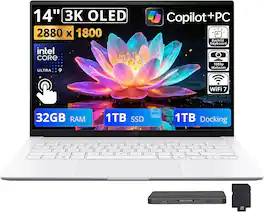 ASUS - Zenbook S14 14" 3K OLED Touch Laptop,Intel Core Ultra 9 386H,32GB RAM,1TB SSD+1TB Dock,Backlit,Windows 11 - White