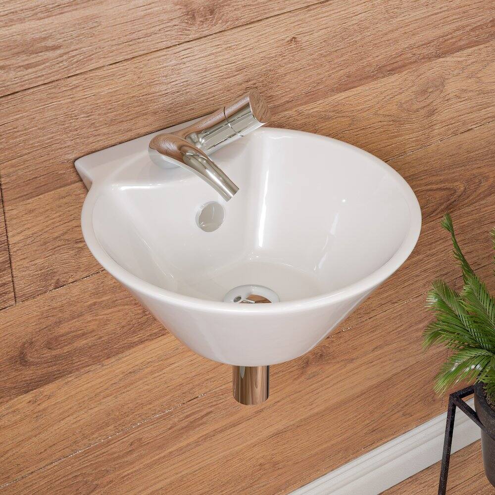 Angle. Alfi - White 17" Round Wall Mounted Ceramic Sink with Faucet Hole - White.