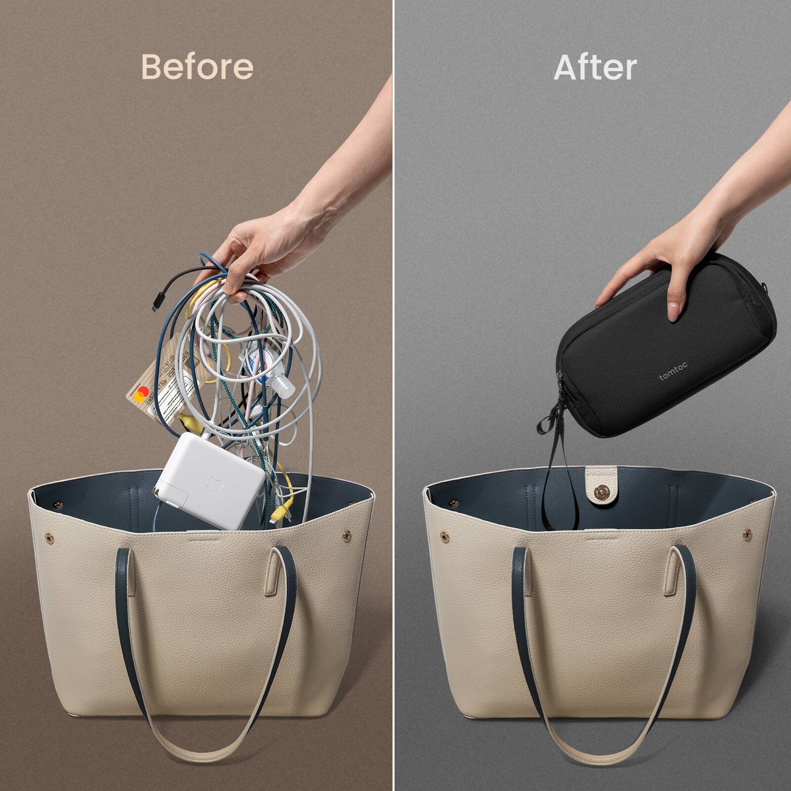 Before: A hand holding a bag full of cords and electronics. After: A hand holding a bag with a black case and a strap.