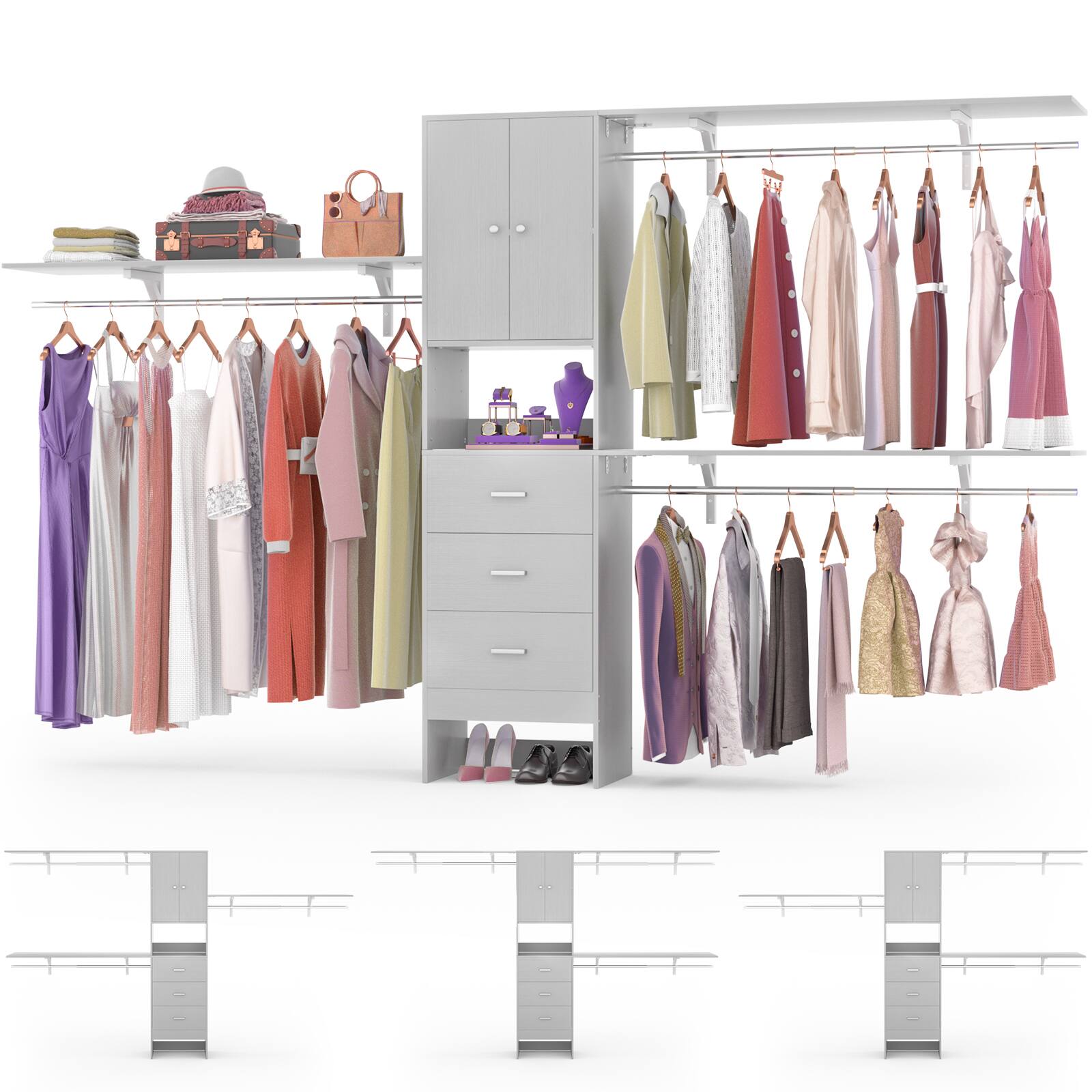 Alt View 2. Aheaplus - 120'' Large Closet System with Drawers and Doors, 10FT Heavy Duty Closet Organizer with 3 Hanging Rods & Shelf Towers - Gray.