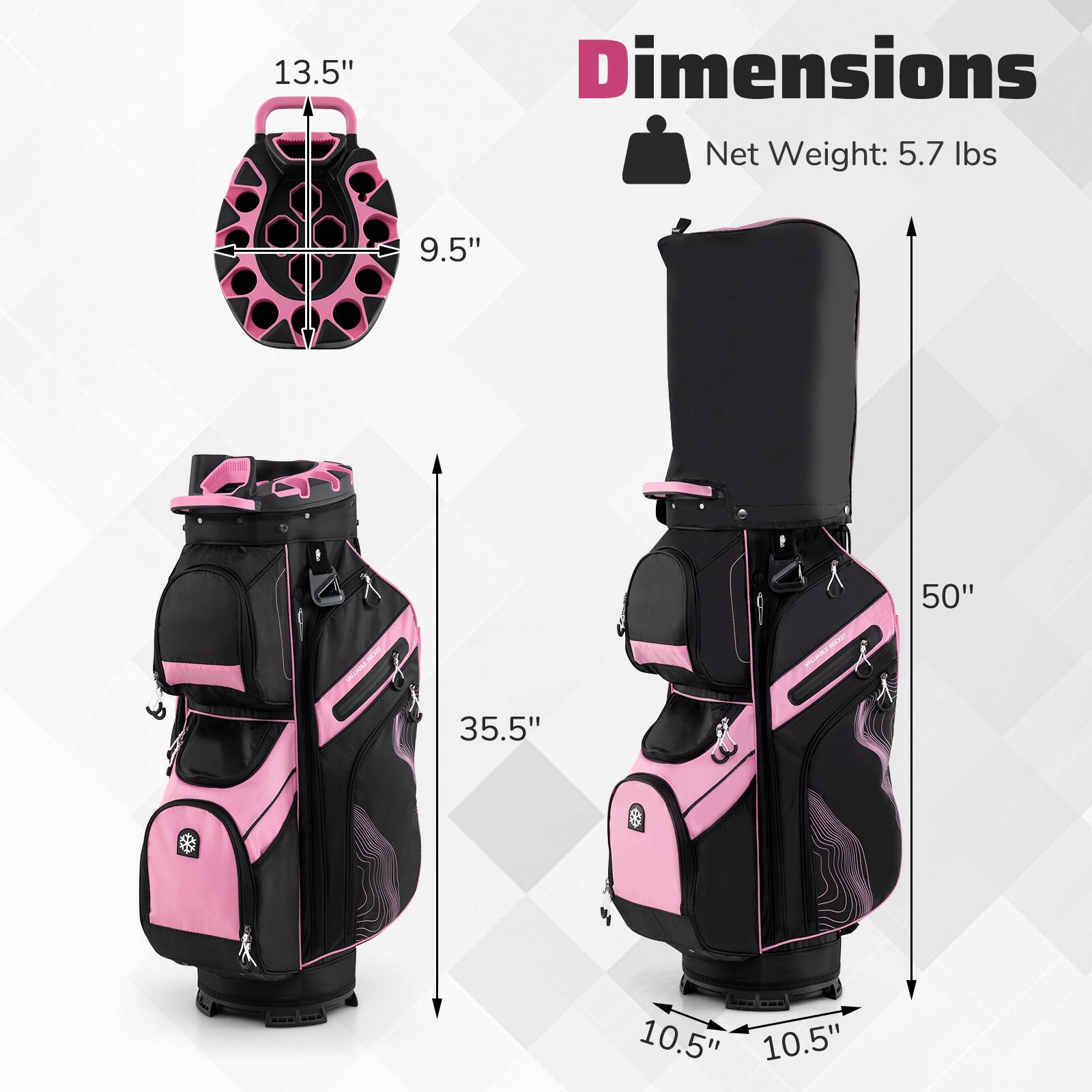 Dimensions:
- Net Weight: 5.7 lbs
- 13.5" (height of the top section)
- 9.5" (width of the top section)
- 50" (total height)
- 35.5" (height of the lower section)
- 10.5" (width of the lower section)