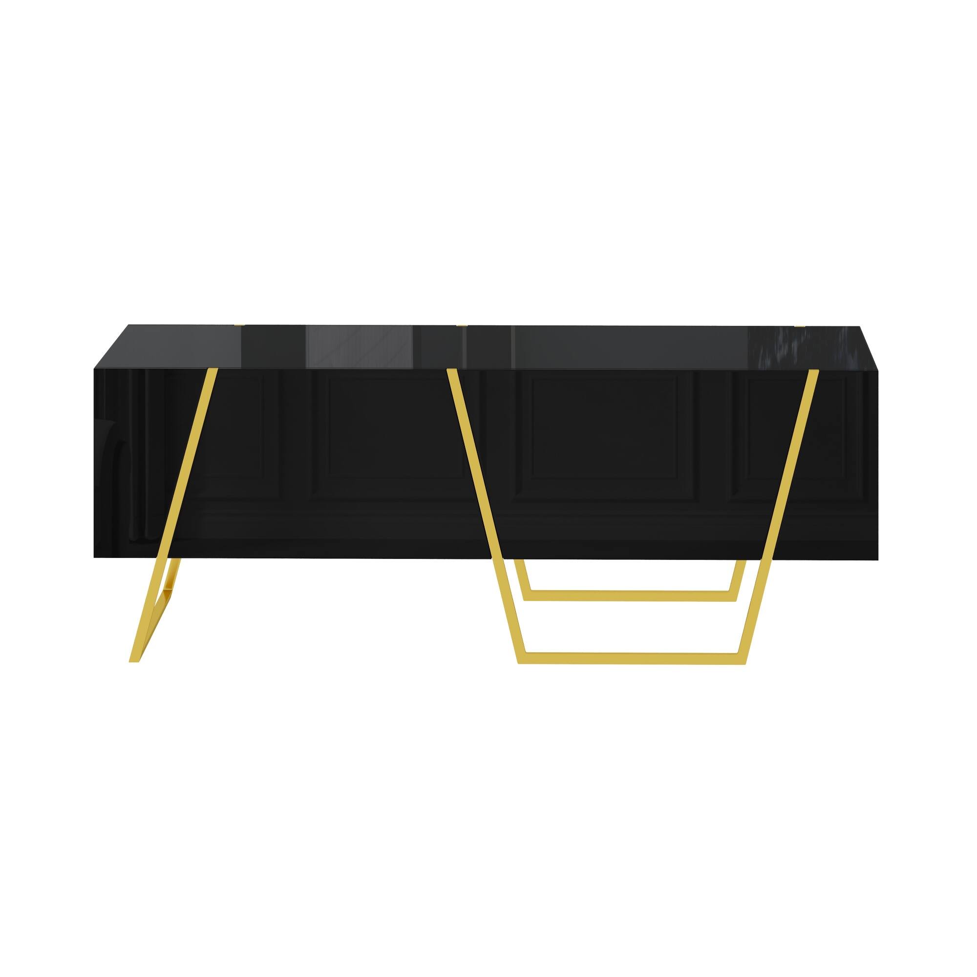 Alt View 9. GOODSILO - Modern Rectangular High Gloss Coffee Table with Storage Drawers and Gold Metal Base for Contemporary Living Room - Black+Gold.