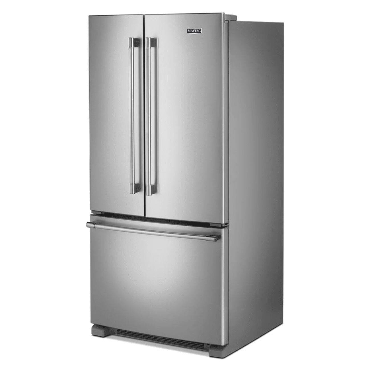 Left. Maytag - 33 in. Wide 22 cu. ft. French Door Refrigerator with Water Dispenser - Fingerprint Resistant Stainless Steel.