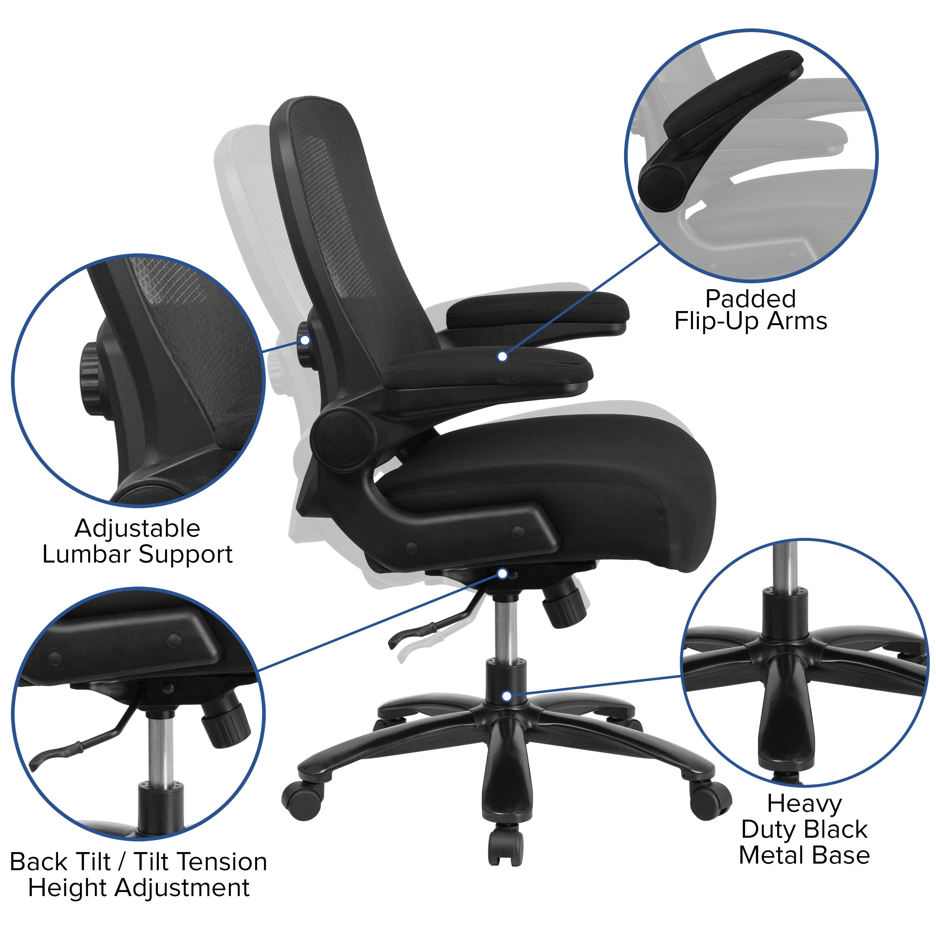 Padded Flip-Up Arms  
Adjustable Lumbar Support  
Back Tilt / Tilt Tension Height Adjustment  
Heavy Duty Black Metal Base