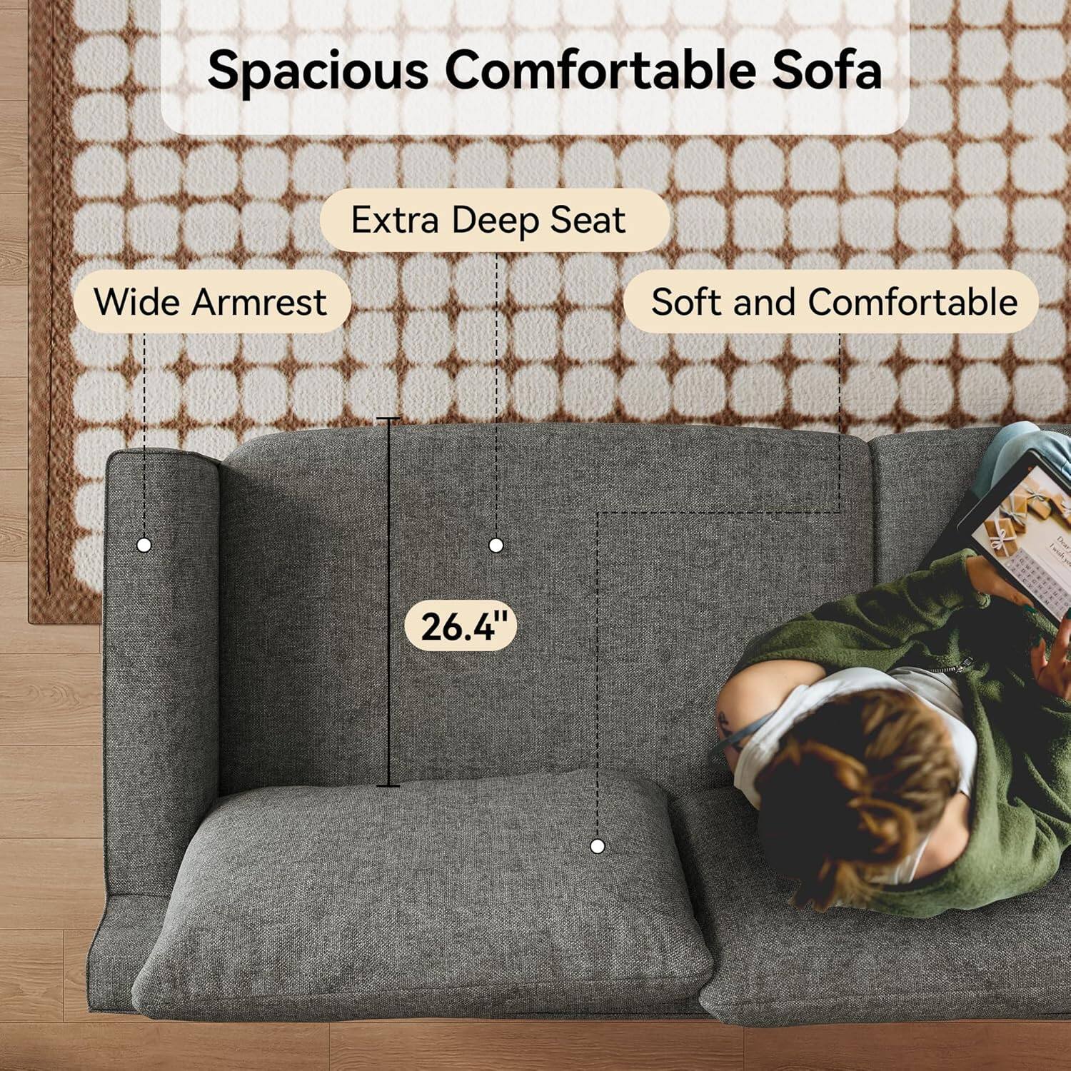 Spacious Comfortable Sofa, Extra Deep Seat, Wide Armrest, Soft and Comfortable, 26.4"
