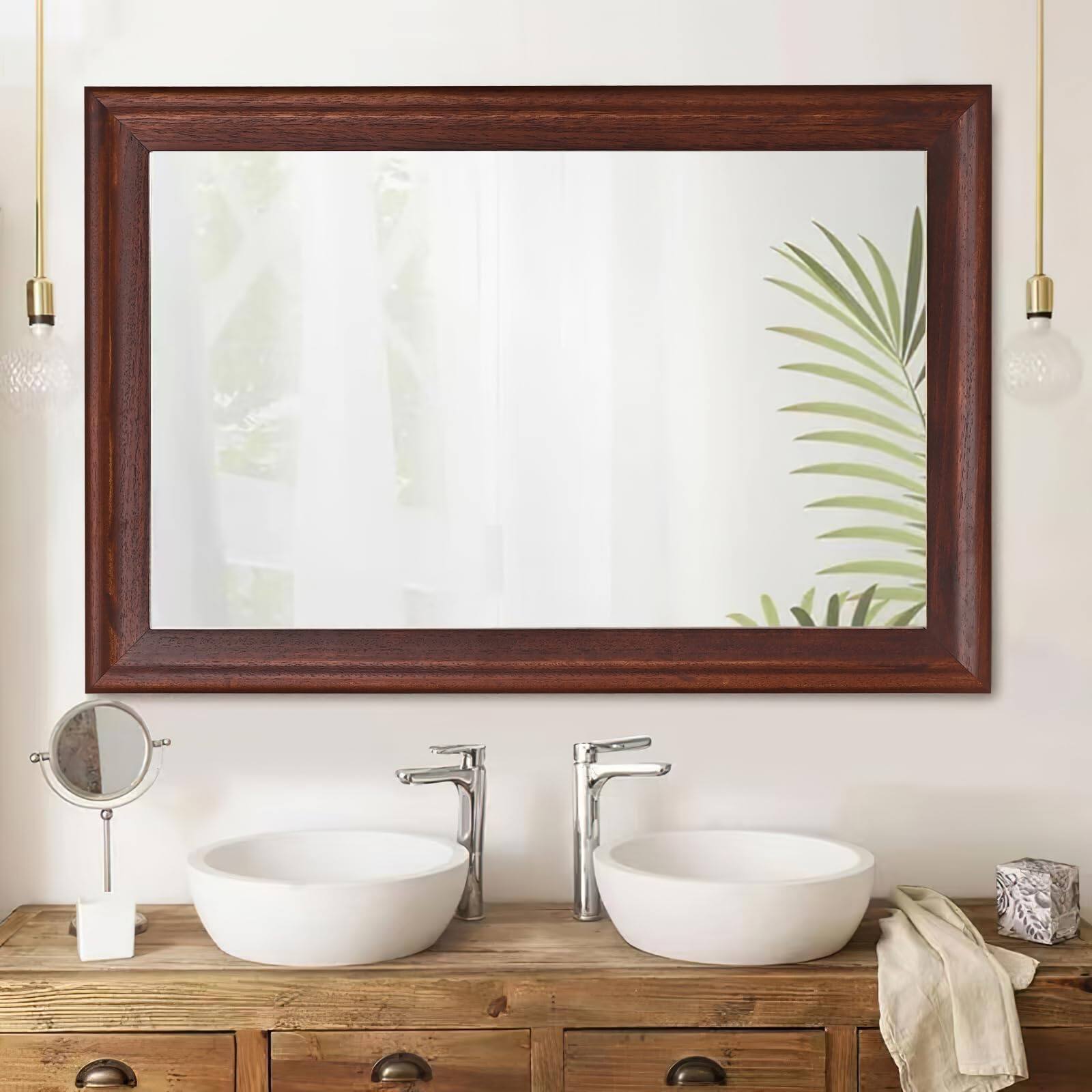 Left. HM 1810 - Rustic Wood Wall Mirror For Bathroom Rectangle Hanging Vanity Mirrors With Wooden Frame Living Room Bedroom - White 40"L x 30"W.