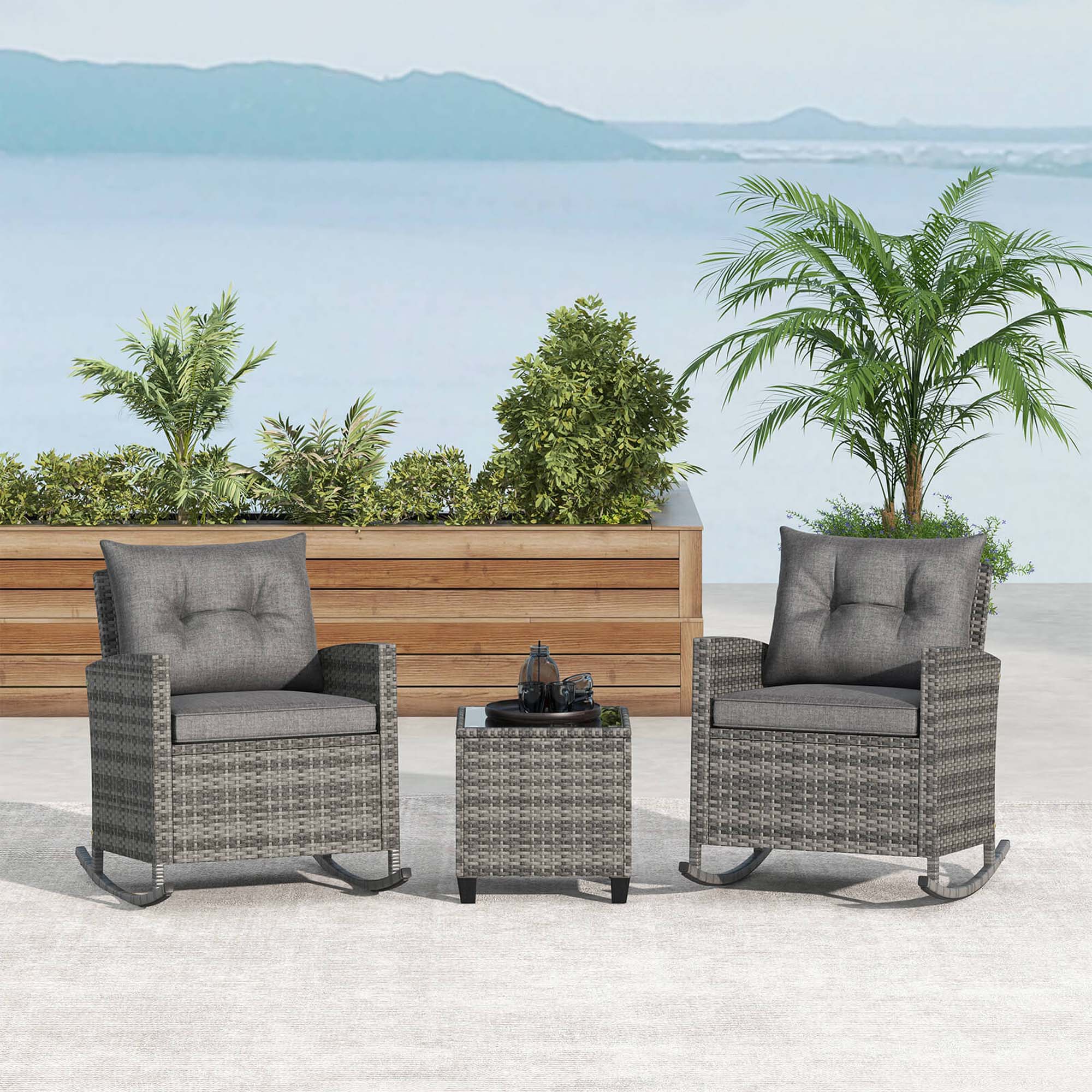 Alt View 1. Costway - 3 PCS Patio Wicker Rocking Set with Tempered Glass Table & Soft Cushions Outdoor - Gray.