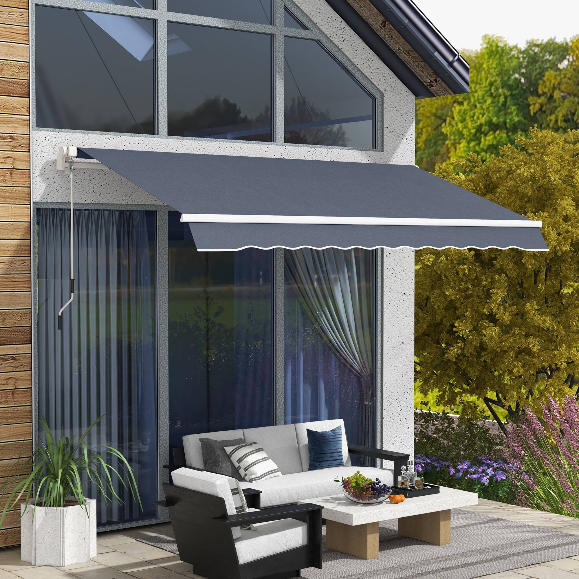 Alt View 1. Outsunny - 12' x 8' Retractable Awning Patio Awnings Sun Shade Shelter with Manual Crank Handle, 280g/m² UV - Dark Gray.