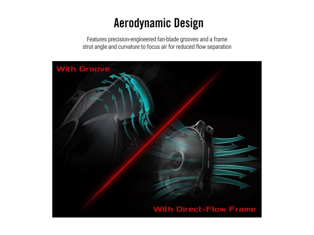 Aerodynamic Design

Features precision-engineered fan-blade grooves and a frame strut angle and curvature to focus air for reduced flow separation

With Groove

With Direct-Flow Frame