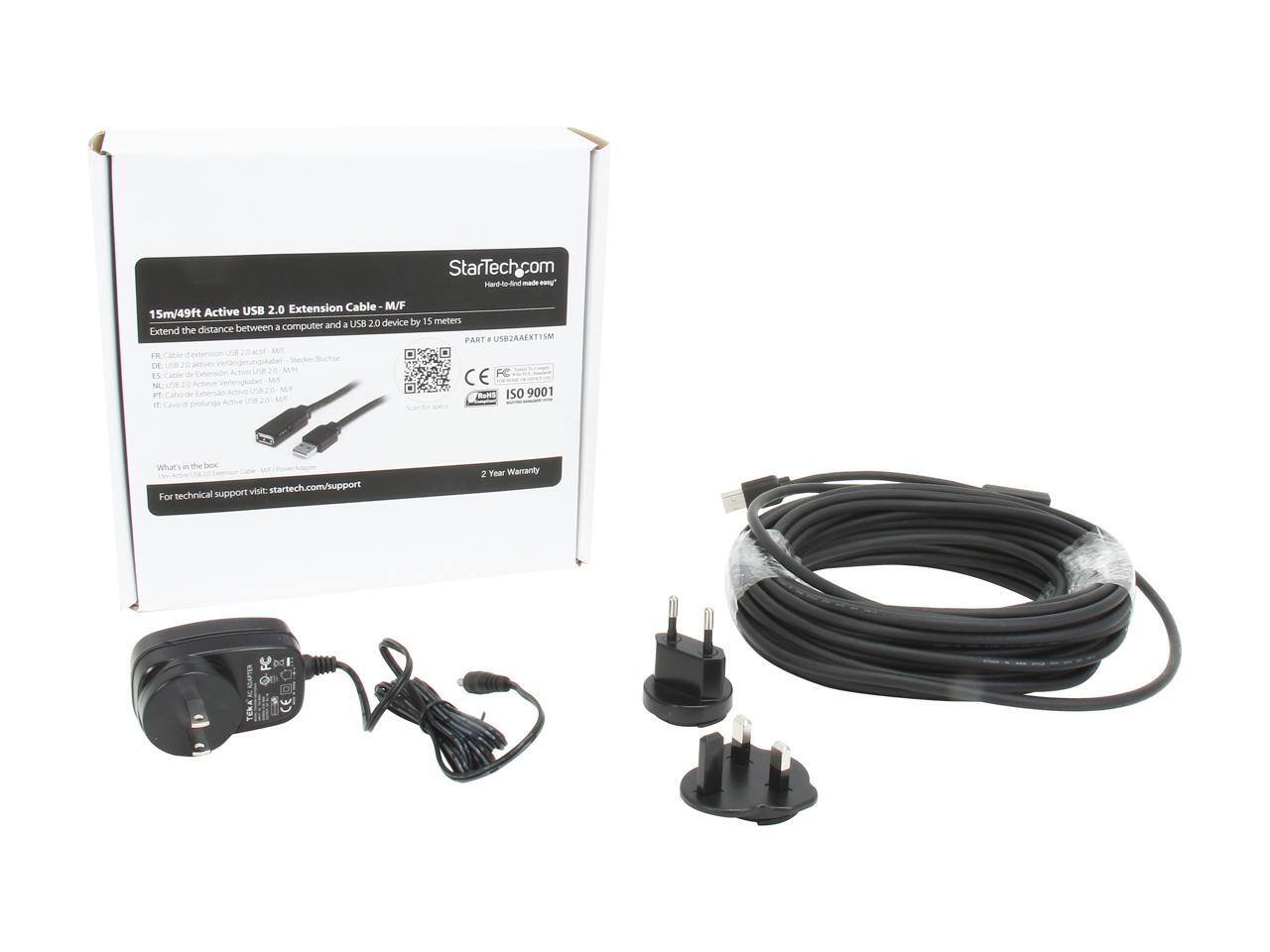 StarTech.com 15m/49ft Active USB 2.0 Extension Cable M/F

Extend the distance between a computer and a USB 2.0 device by 15 meters.

What's in the box:
- Cable
- Power Adapter

For technical support visit: startech.com/support

2 Year Warranty

PART # USB2AEXT15M

CE, FCC, ISO 9001