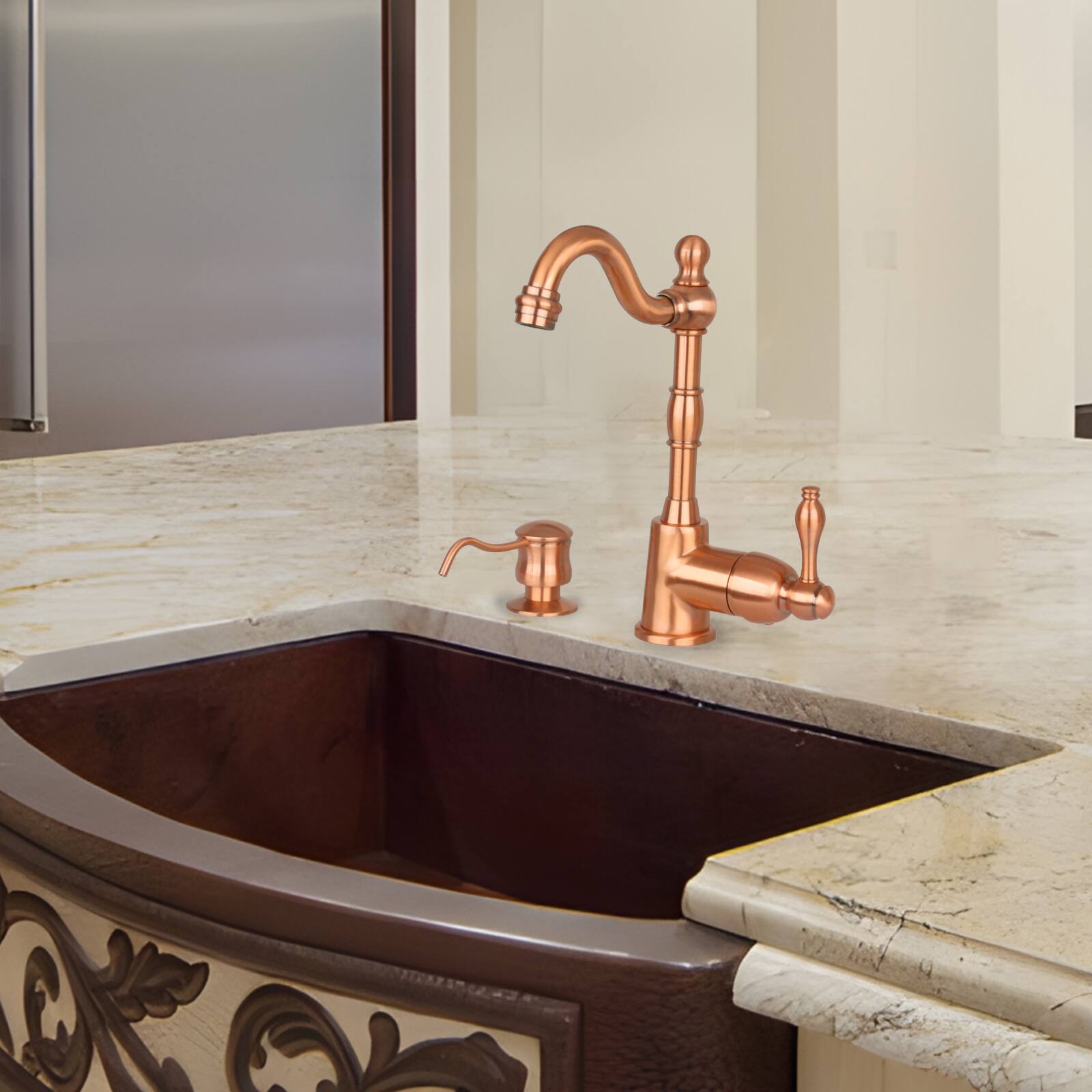 Alt View 3. Akicon - Akicon Built-in Brass Soap Dispenser for Kitchen Sink Refill from Top with 17 oz. Bottle in Copper - Copper.