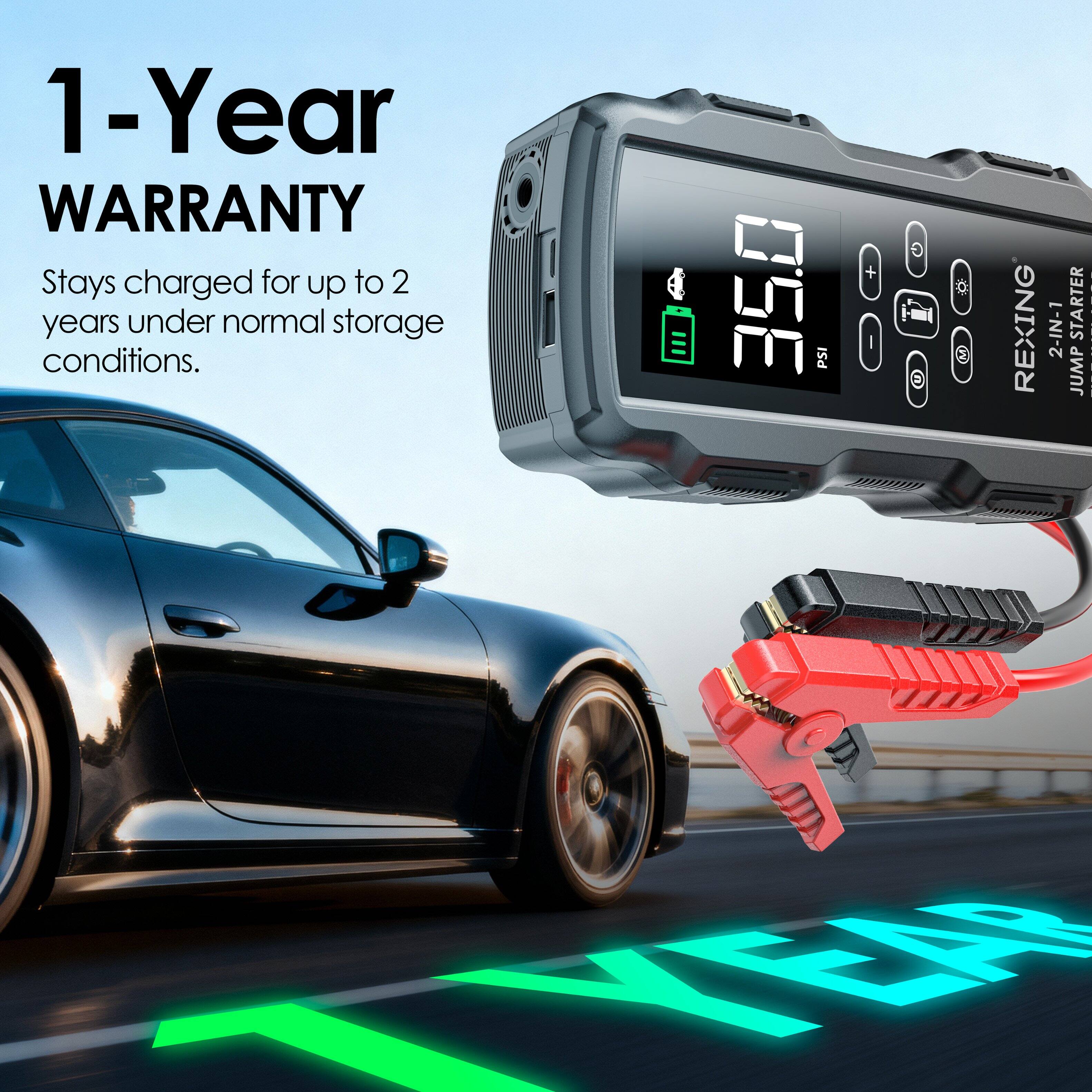 1-Year WARRANTY  
Stays charged for up to 2 years under normal storage conditions.  

REXING 2-IN-1 STARTER | JUMP