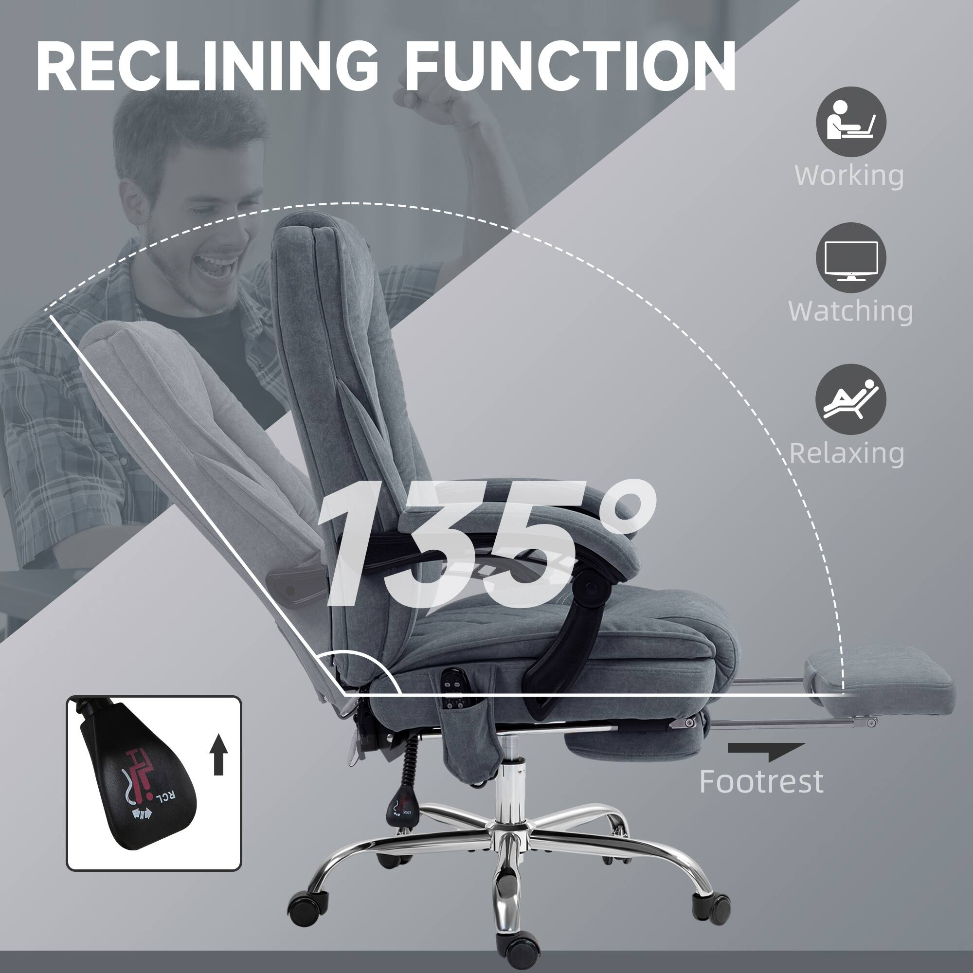 RECLINING FUNCTION Working Watching Relaxing 135° RCL W Footrest