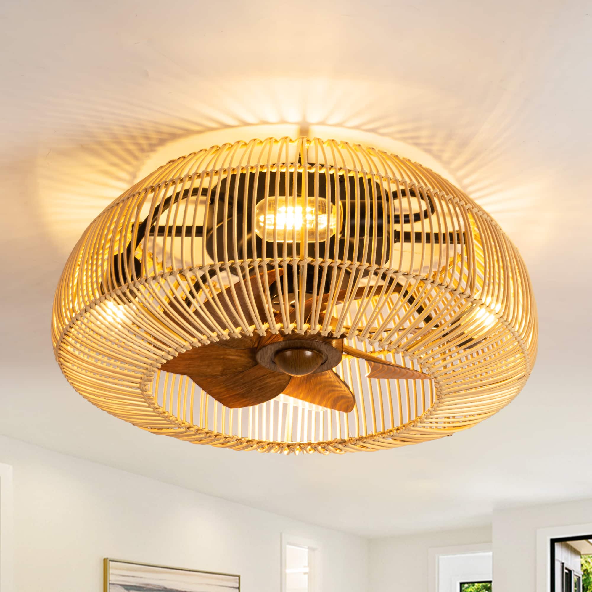 a♡ Breezary 20'' Flush Mount Caged Ceiling Fan with 7 ABS