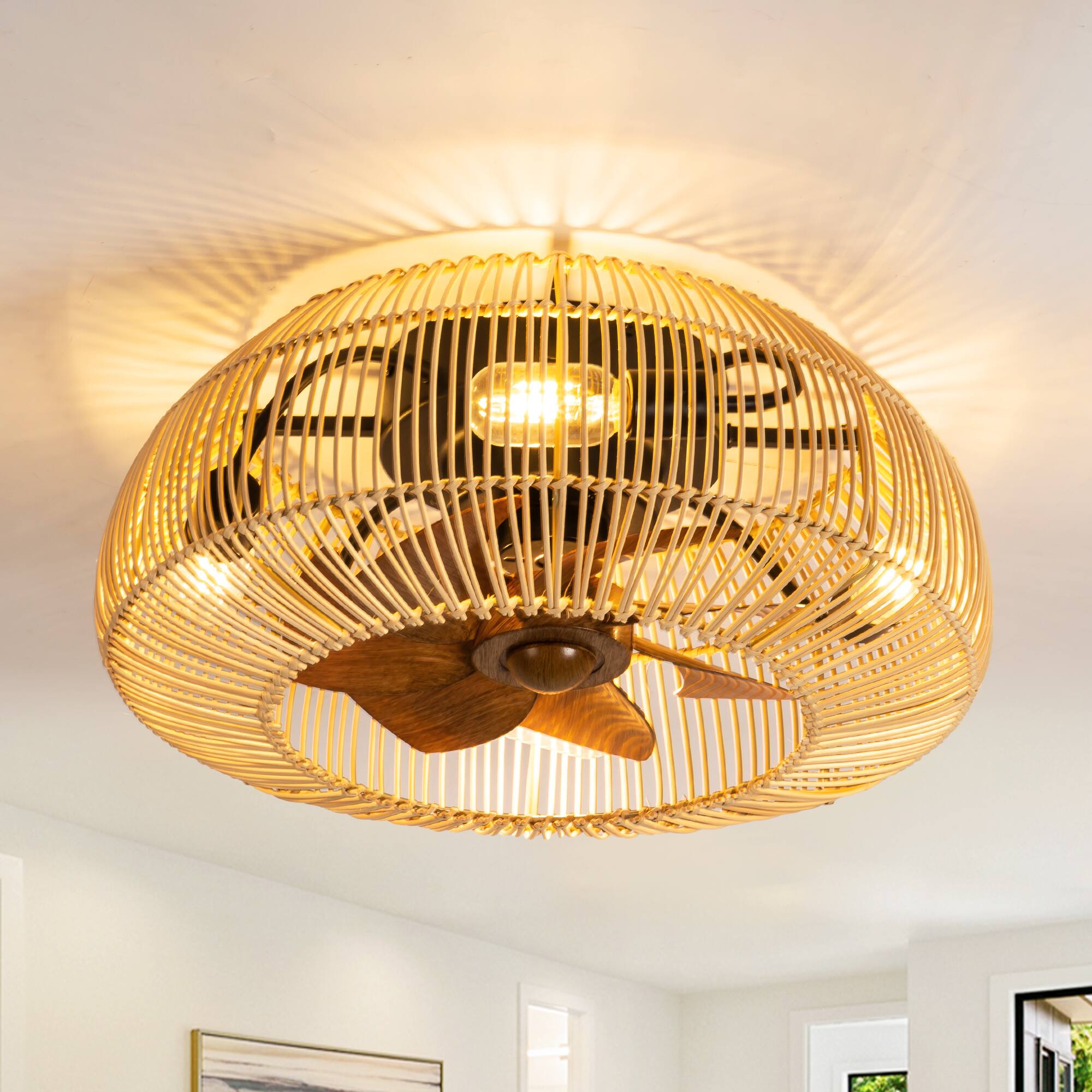 Back. Breezary - 20'' Flush Mount Caged Ceiling Fan with 7 ABS Blades, 6-Speed DC Motor,  Remote Control with Memory Function - Brushed Nickel.