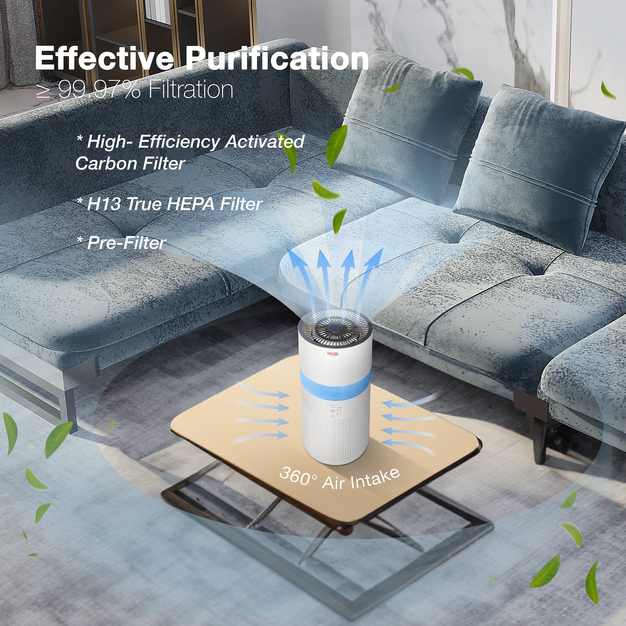 Effective Purification, 99.97% Filtration, High-Efficiency Activated Carbon Filter, H13 True HEPA Filter, Pre-Filter, 360° Air Intake