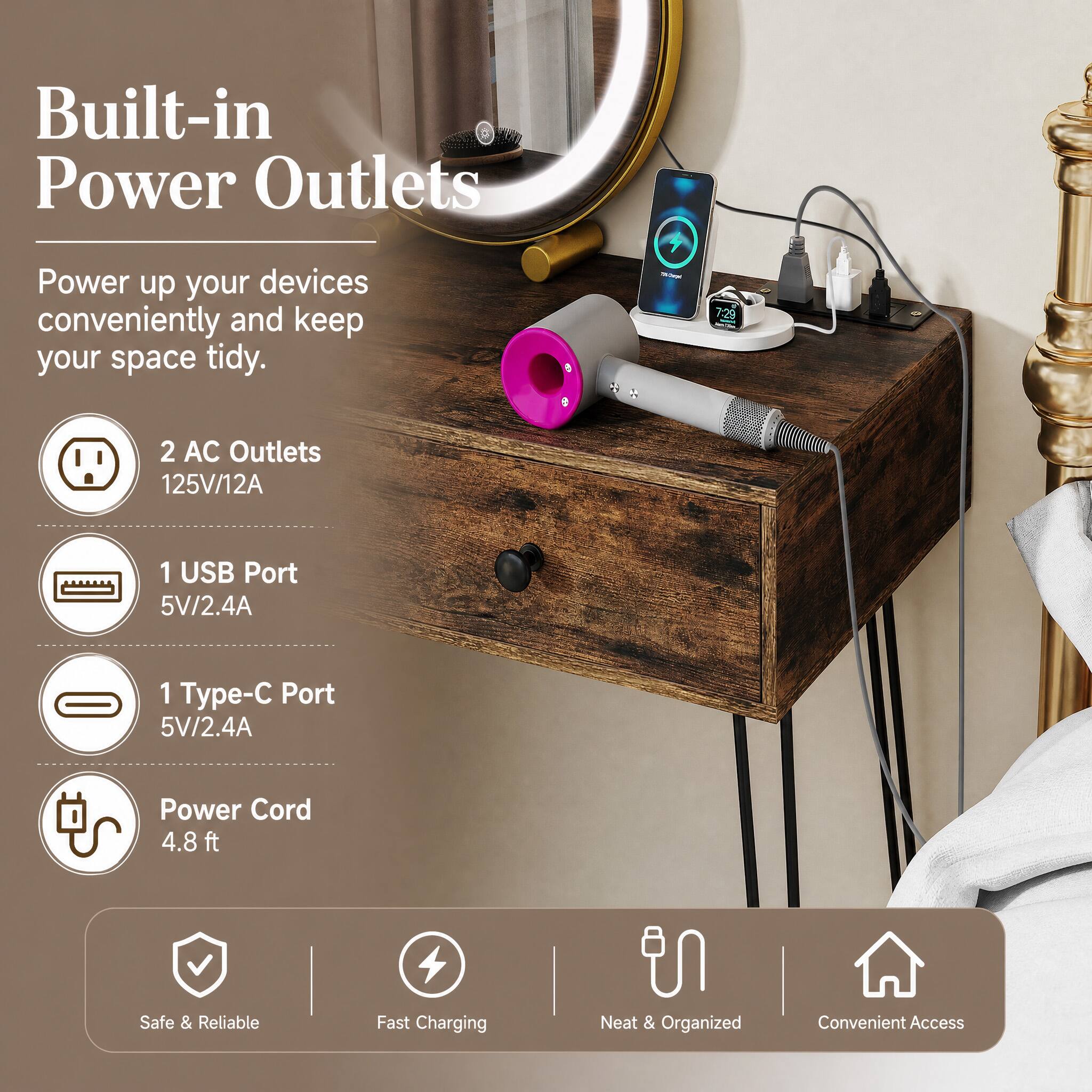 Built-in Power Outlets

Power up your devices conveniently and keep your space tidy.

2 AC Outlets 125V/12A
1 USB Port 5V/2.4A
1 Type-C Port 5V/2.4A
Power Cord 4.8ft

Safe & Reliable
Fast Charging
Neat & Organized
Convenient Access