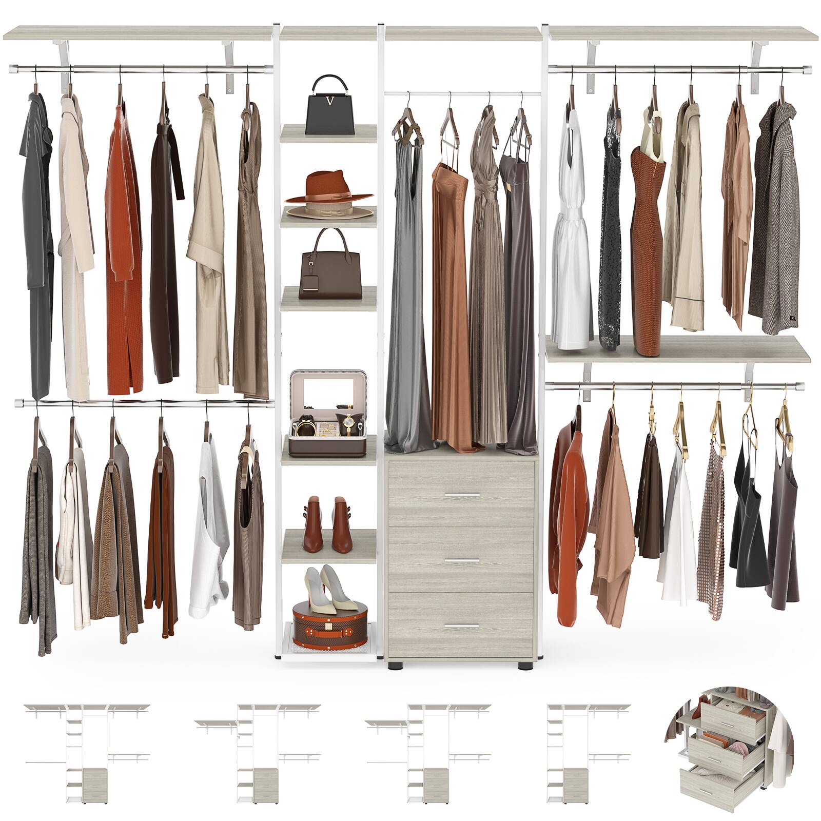 Alt View 1. Aheaplus - 96 Inch Freestanding Closet Organizer, All-in-One Closet System with 3 Drawers, 12 Shelves and 5 Hanging Rods - Beige Oak.