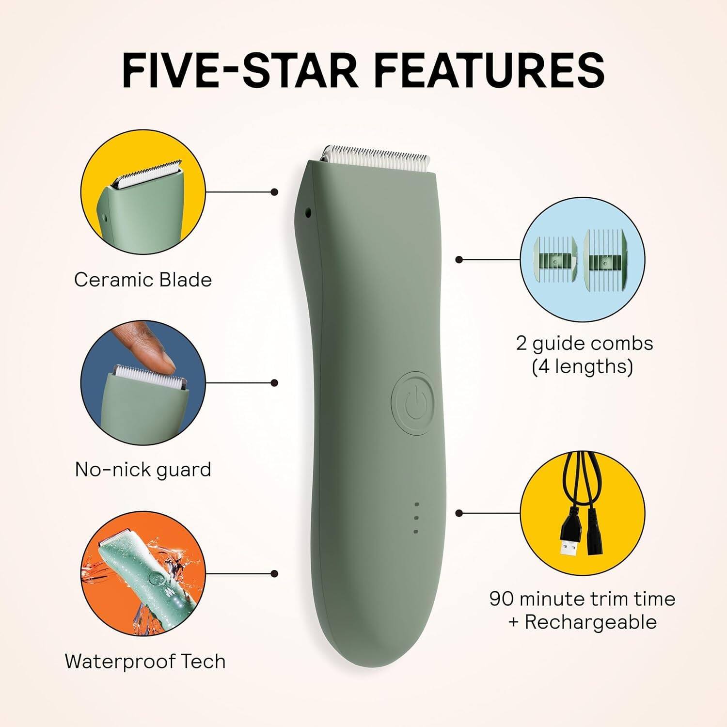 FIVE-STAR FEATURES  
- Ceramic Blade  
- 2 guide combs (4 lengths)  
- No-nick guard  
- Waterproof Tech  
- 90 minute trim time + Rechargeable