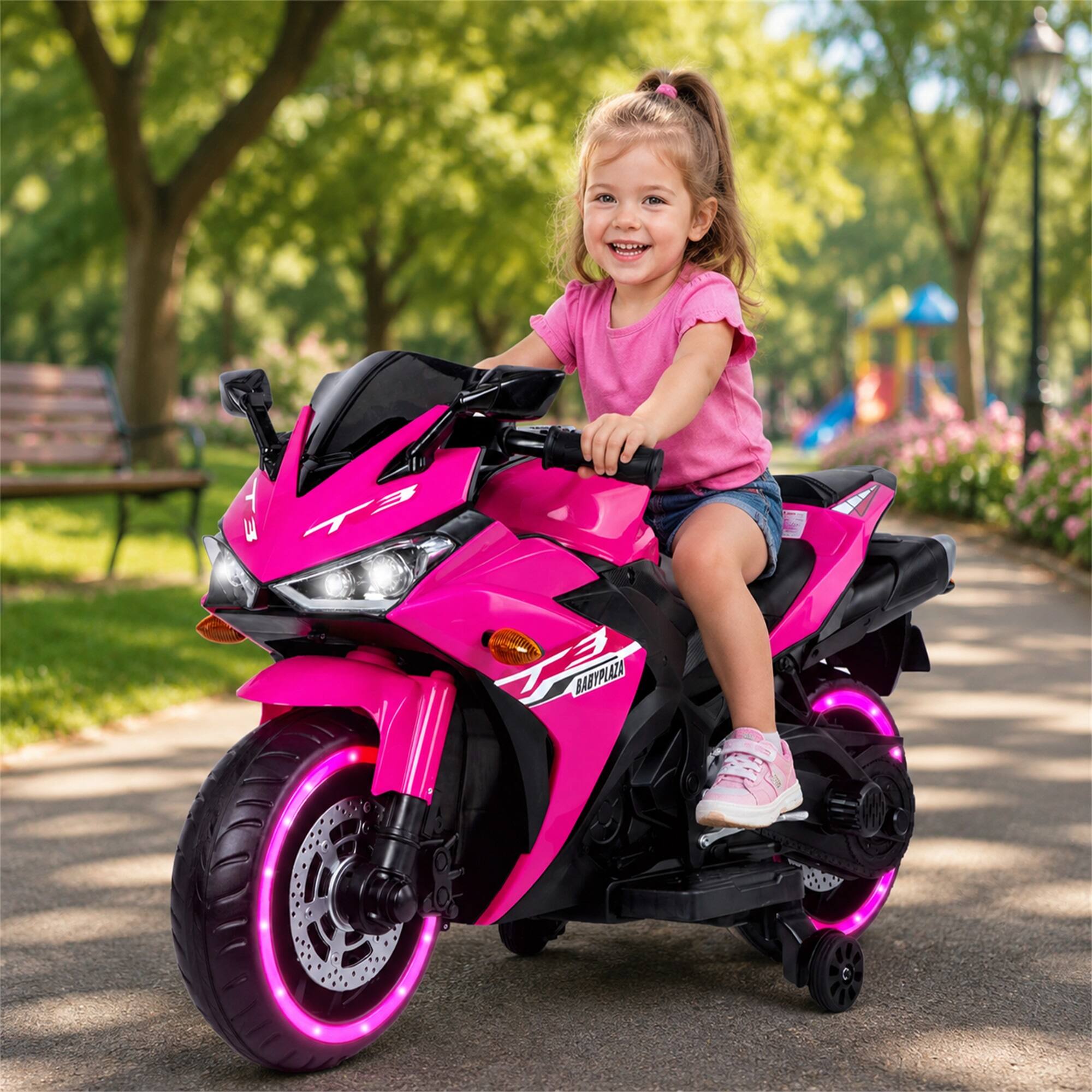 Alt View 1. Boyel Living - 3+ Kids 12V Pink Electric Motorcycle with Training Wheels Real Manual Throttle For Gift - Pink.