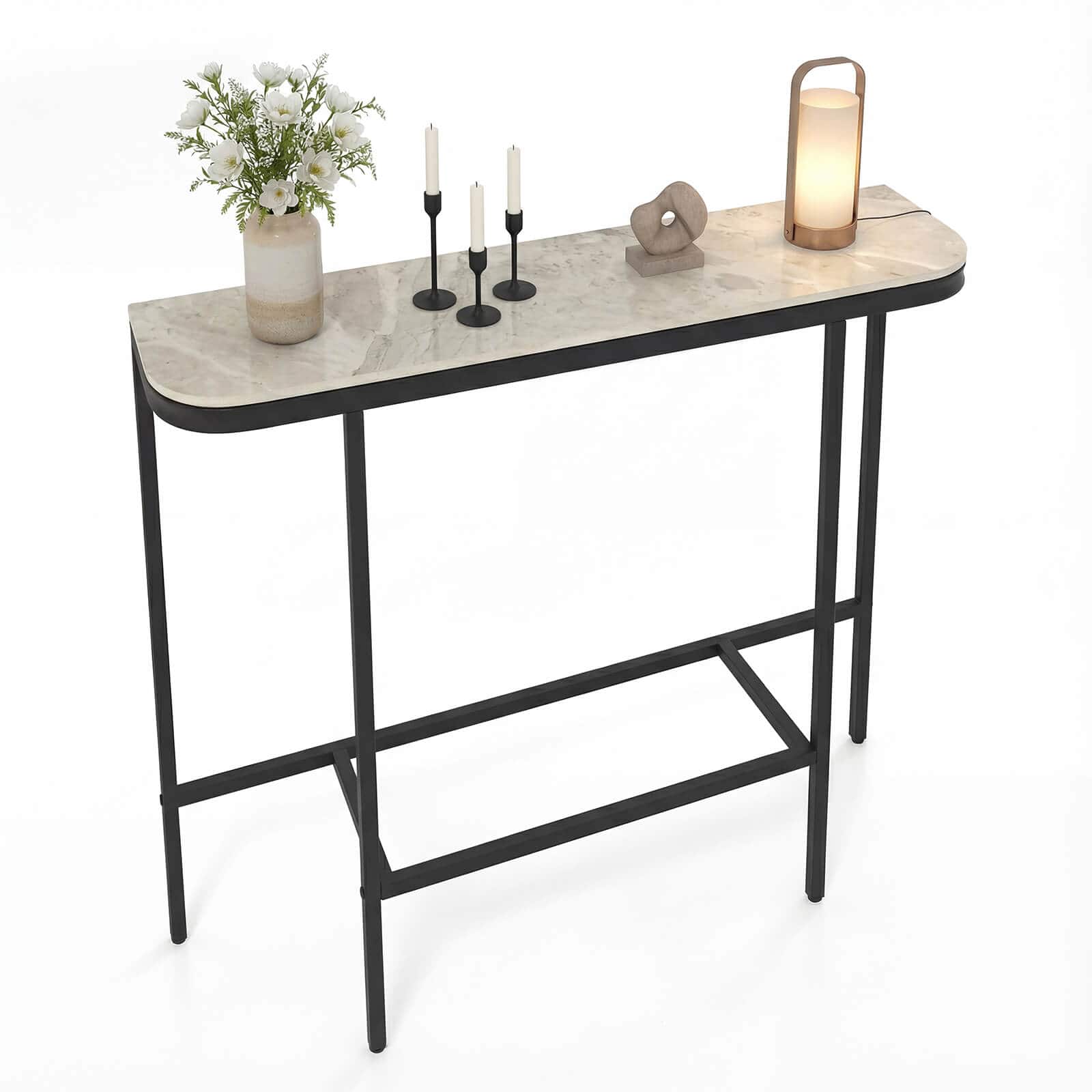 Costway - Entryway Table with Faux Marble Top and Metal Frame, Behind Couch Table for Hallway - Gray/Black