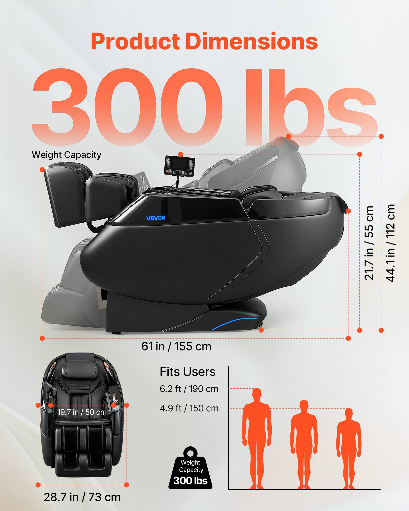 Product Dimensions: 300 lbs Weight Capacity

- Width: 55 cm / 21.7 in
- Depth: 55 in / 112 cm
- Height: 44.1 in / 112 cm
- Seat Height: 61 in / 155 cm
- Seat Width: 19.7 in / 50 cm

Fits Users:
- 6.2 ft / 190 cm
- 4.9 ft / 150 cm

Weight Capacity: 300 lbs