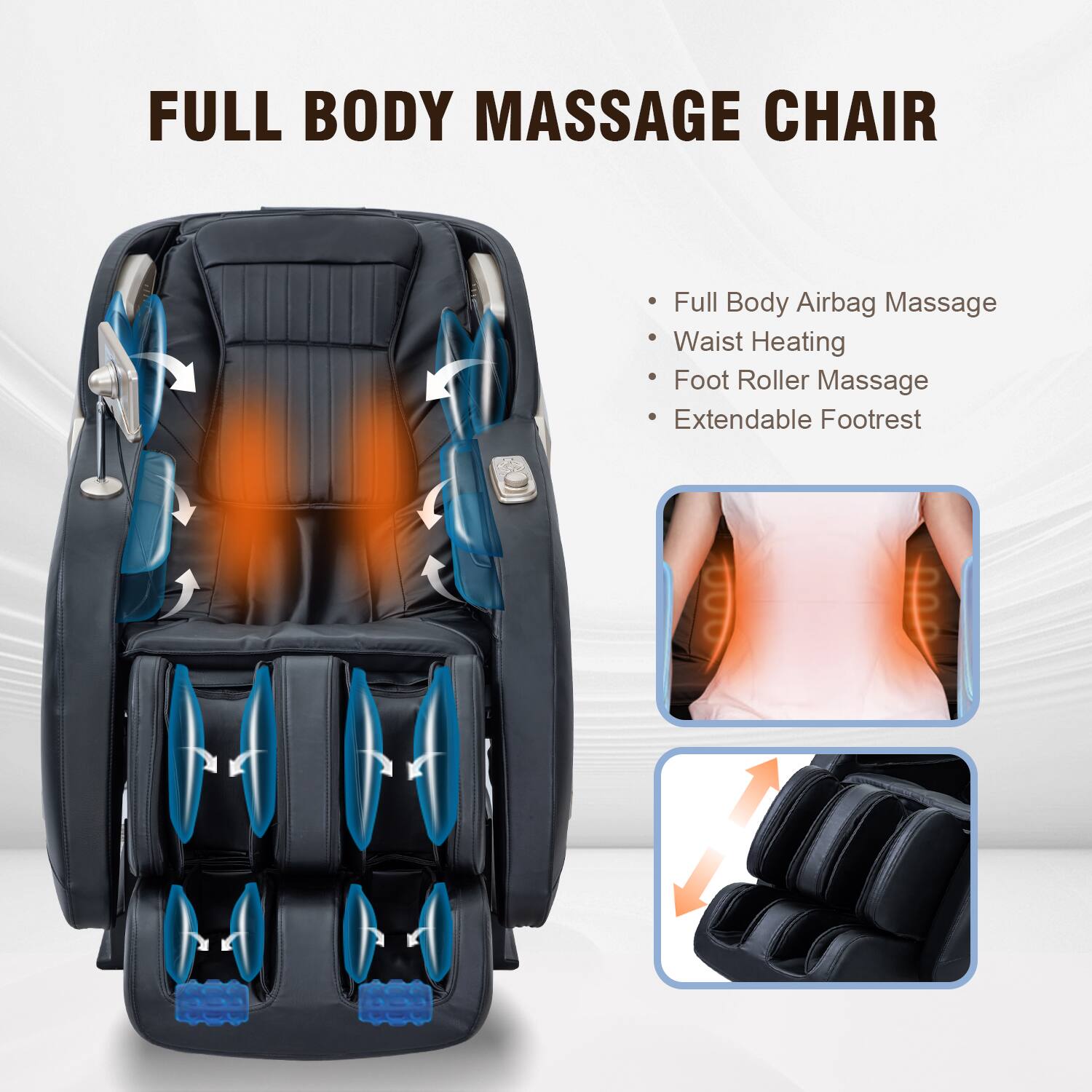 Full Body Airbag Massage, Waist Heating, Foot Roller Massage, Extendable Footrest