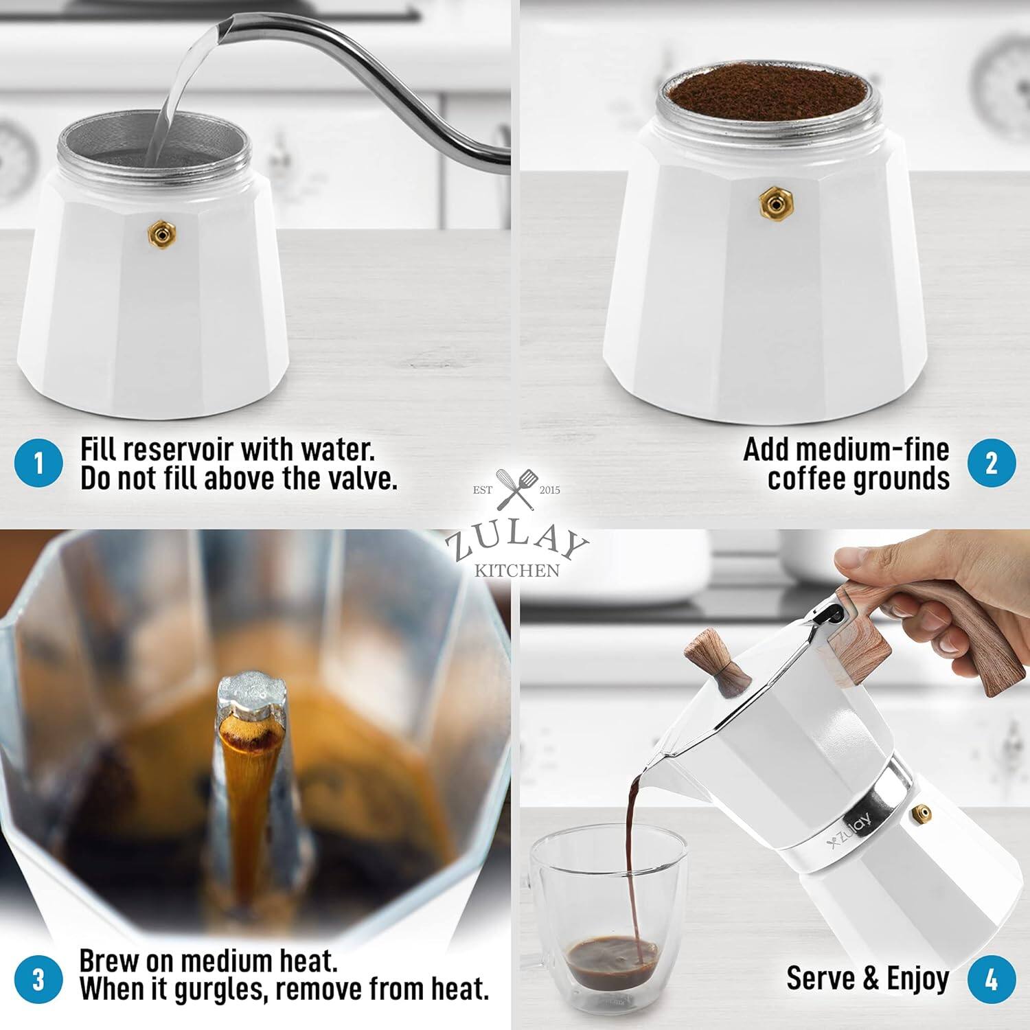1. Fill reservoir with water. Do not fill above the valve.
2. Add medium-fine coffee grounds.
3. Brew on medium heat. When it gurgles, remove from heat.
4. Serve & Enjoy