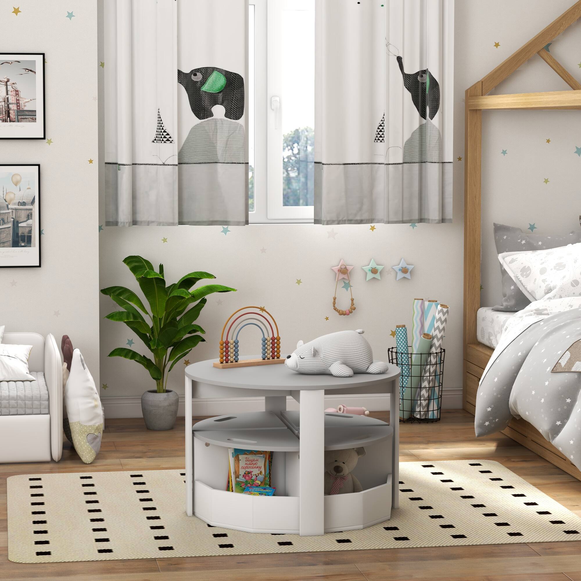 Angle. Qaba - Kids Table and Chairs Set, 5 Piece Toddler Table and Chairs Set with Storage for Art, Craft, Drawing, Playroom - Gray.