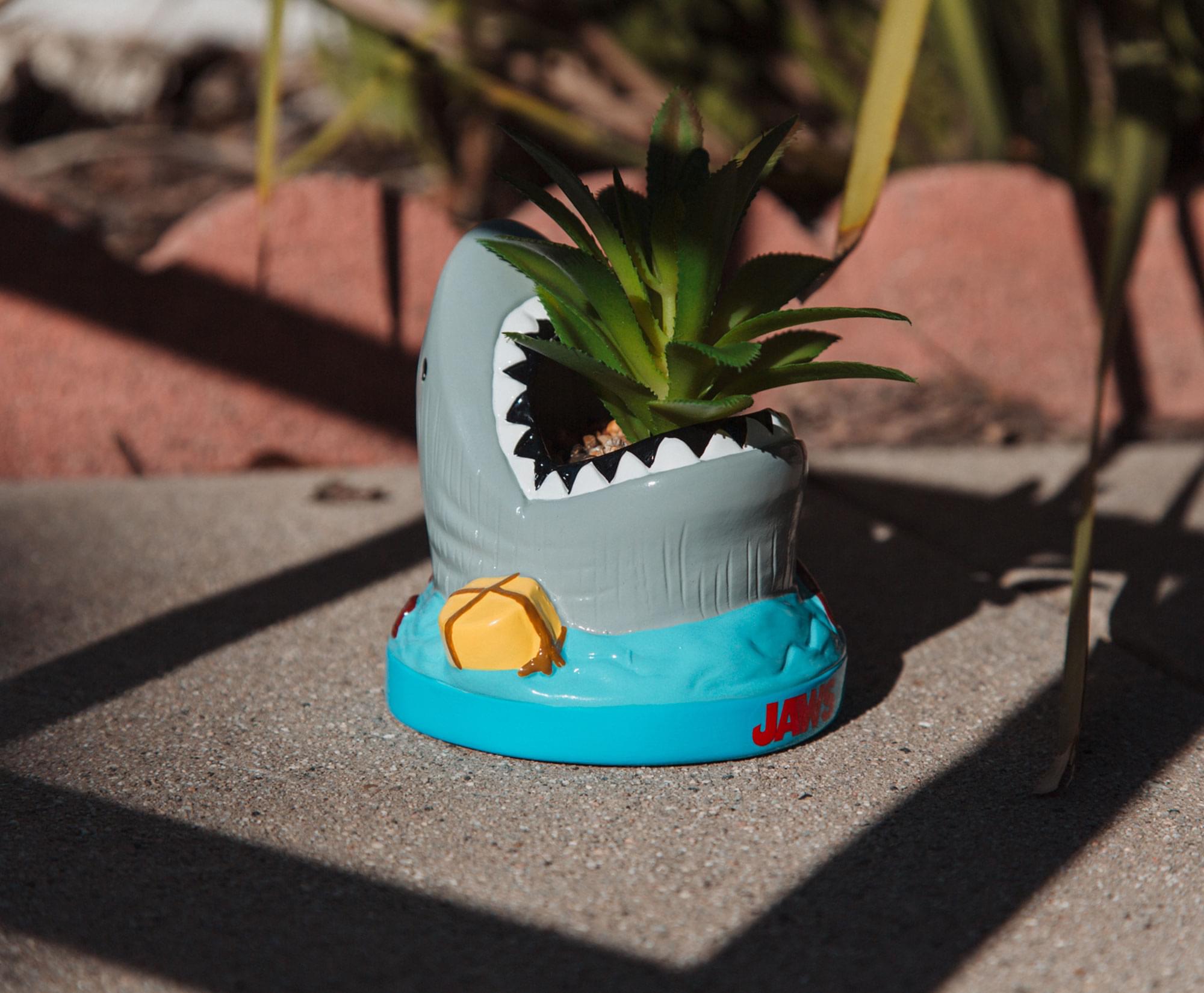 Alt View 4. Silver Buffalo - JAWS Shark 4-Inch Ceramic Mini Planter With Artificial Succulent - Grey.