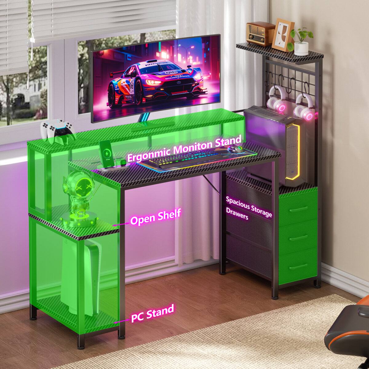 Ergonomic Monitor Stand  
Open Shelf  
Spacious Storage Drawers  
PC Stand