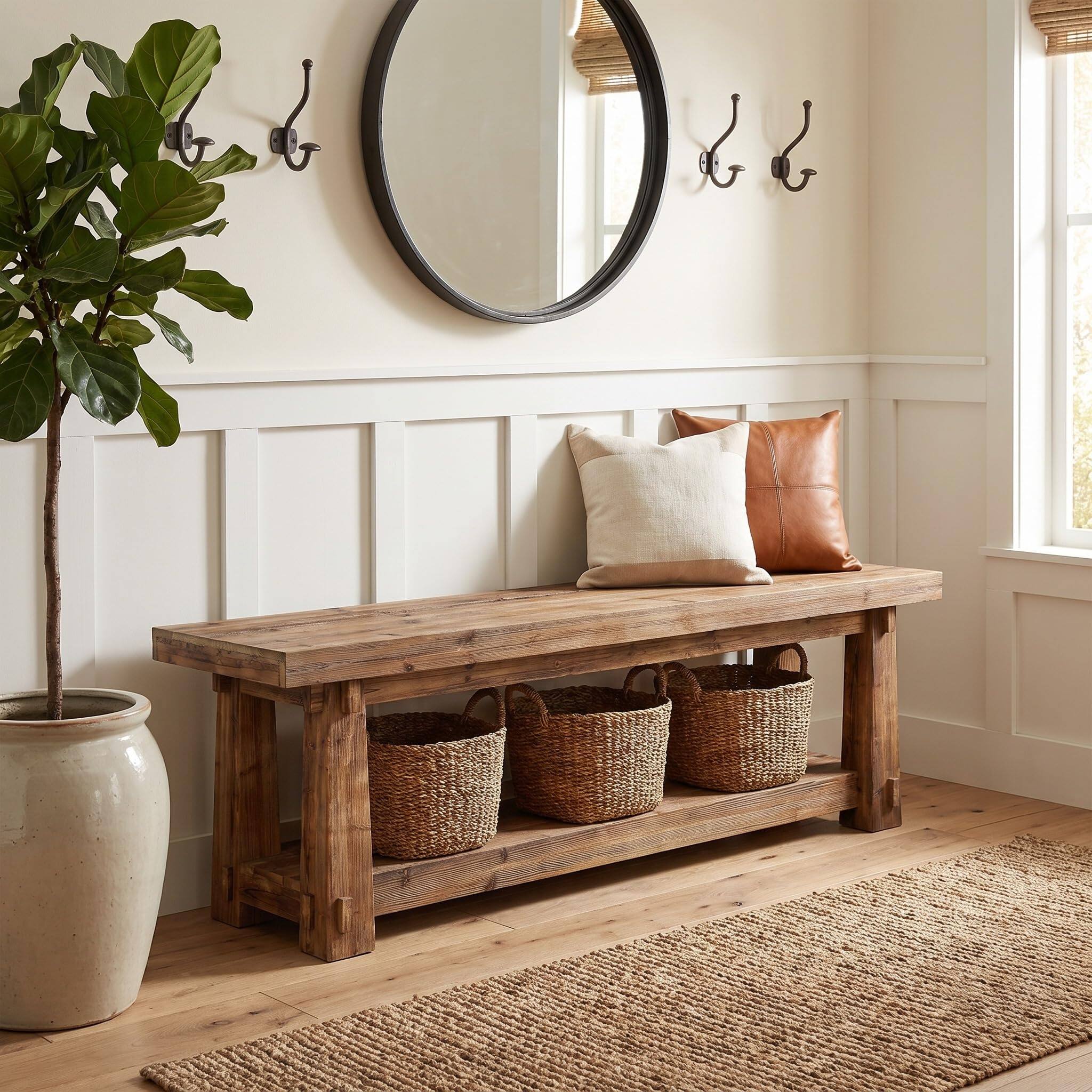 Left. Tribesigns - 55" Wood Entryway Bench with Shoe Storage, Rustic Dining Bench - Light Brown.