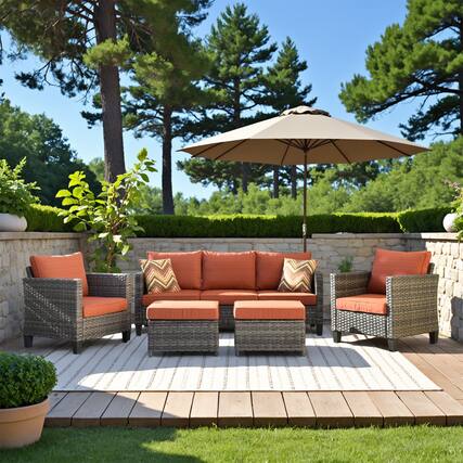 Front. Ovios - 5 PCS Outdoor Patio Furniture Set, 3 Seat Wicker Sofa with Cushions & Ottoman for Garden Porch Backyard - Orange Red.