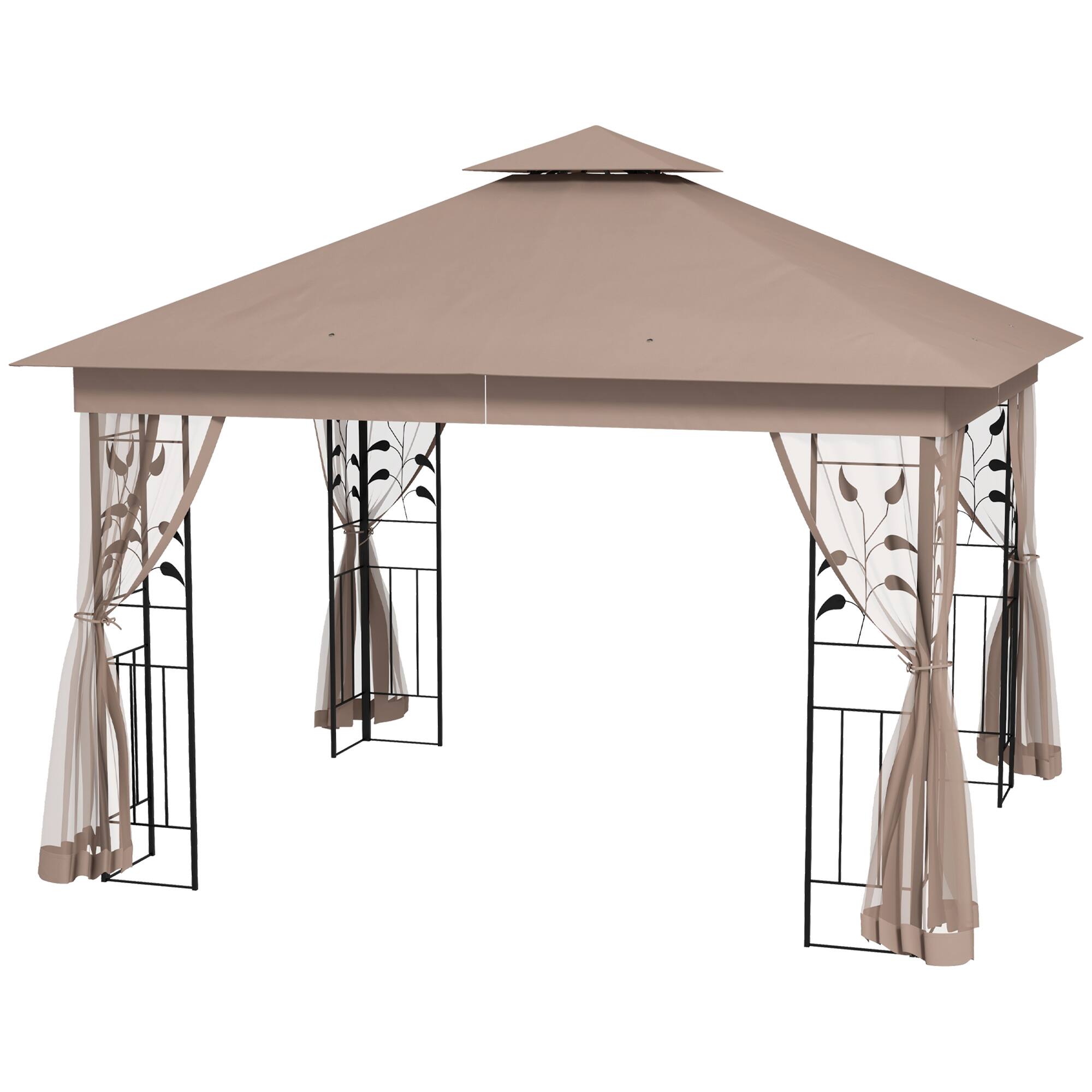 Outsunny -  10' x 11.5' Metal Patio Gazebo, Double Roof Outdoor Gazebo Canopy Shelter with Tree Motifs Corner Frame - Brown