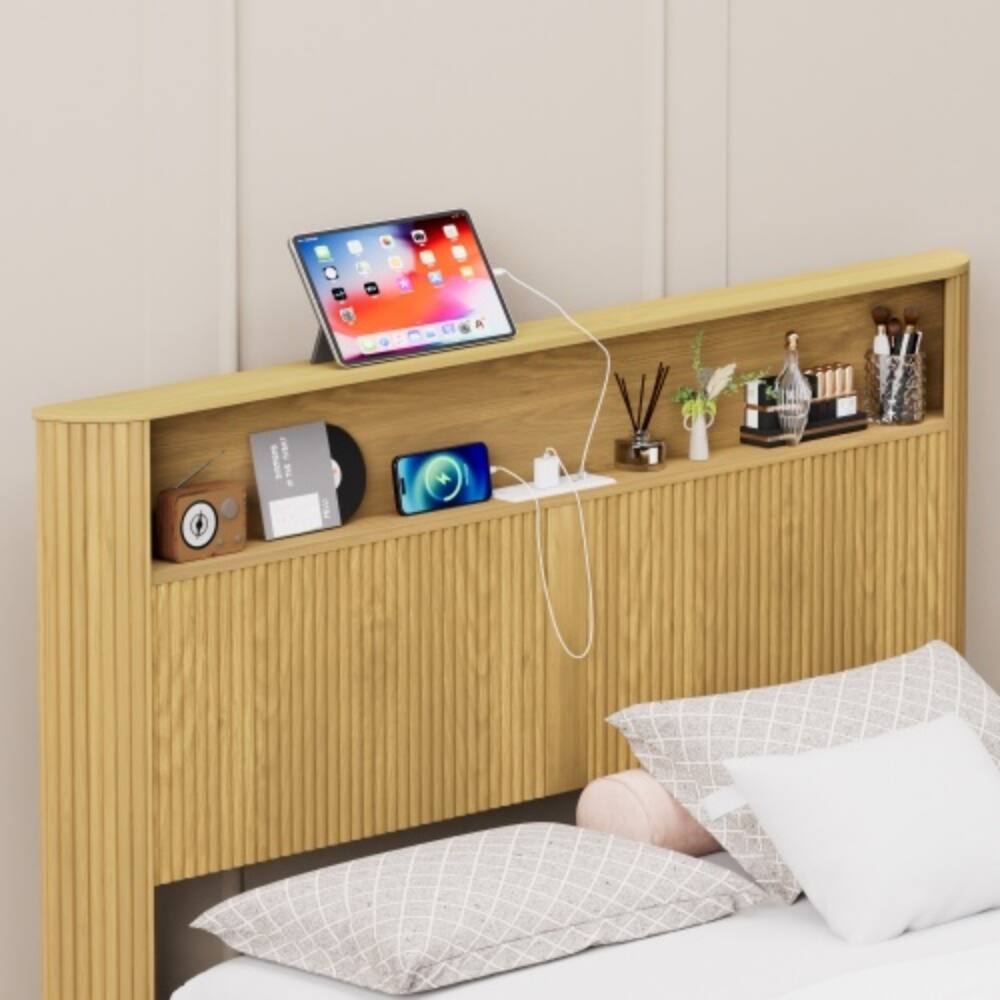 Left. LUCKY ONE - Queen Size Bed Frame with Storage Headboard, USB Charging Station, Wavy Curved Design, Metal Support - Natural.