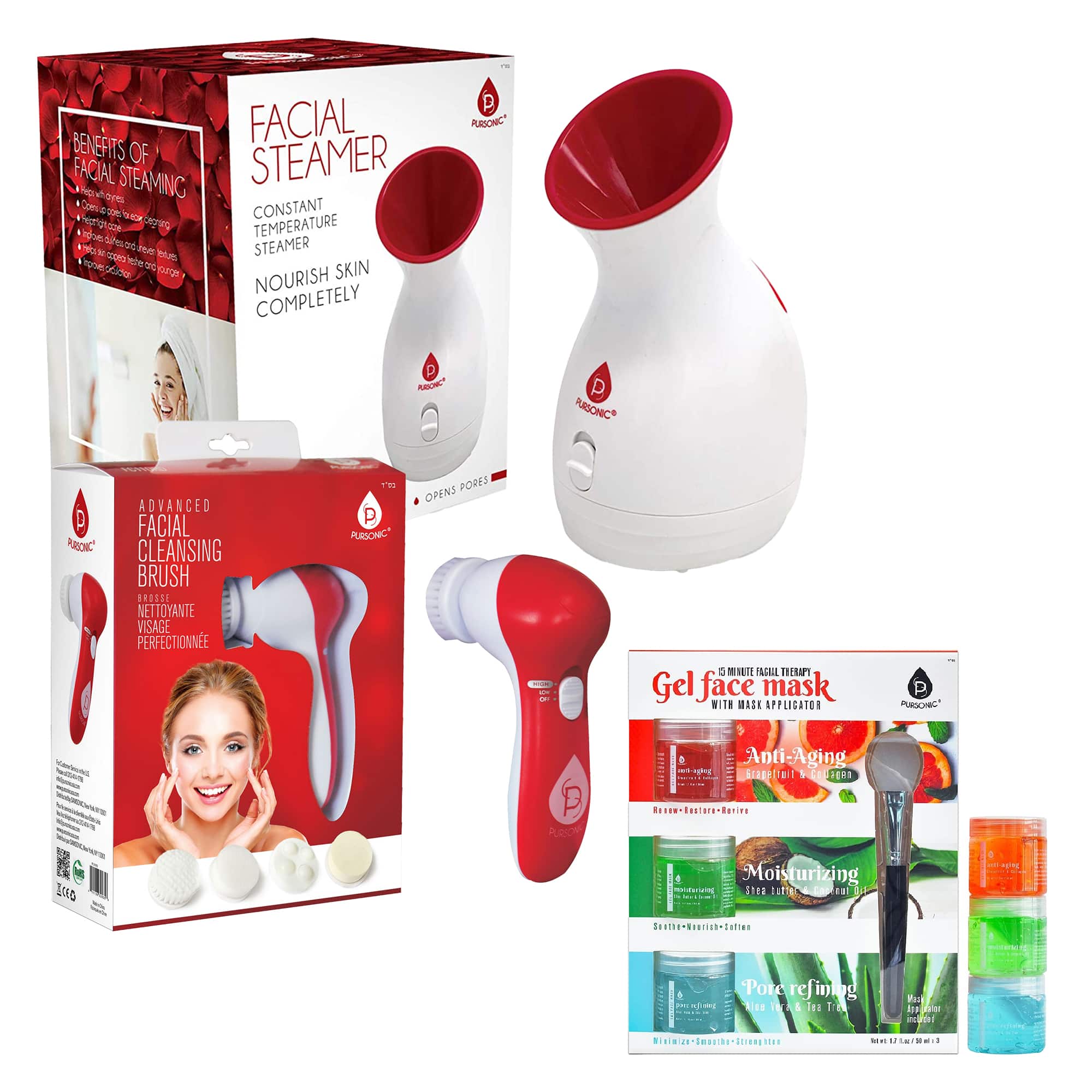 Pursonic - Spa Facial Care Bundle: Facial Steamer, Cleansing Brush, & Gel Face Masks - Multicolor