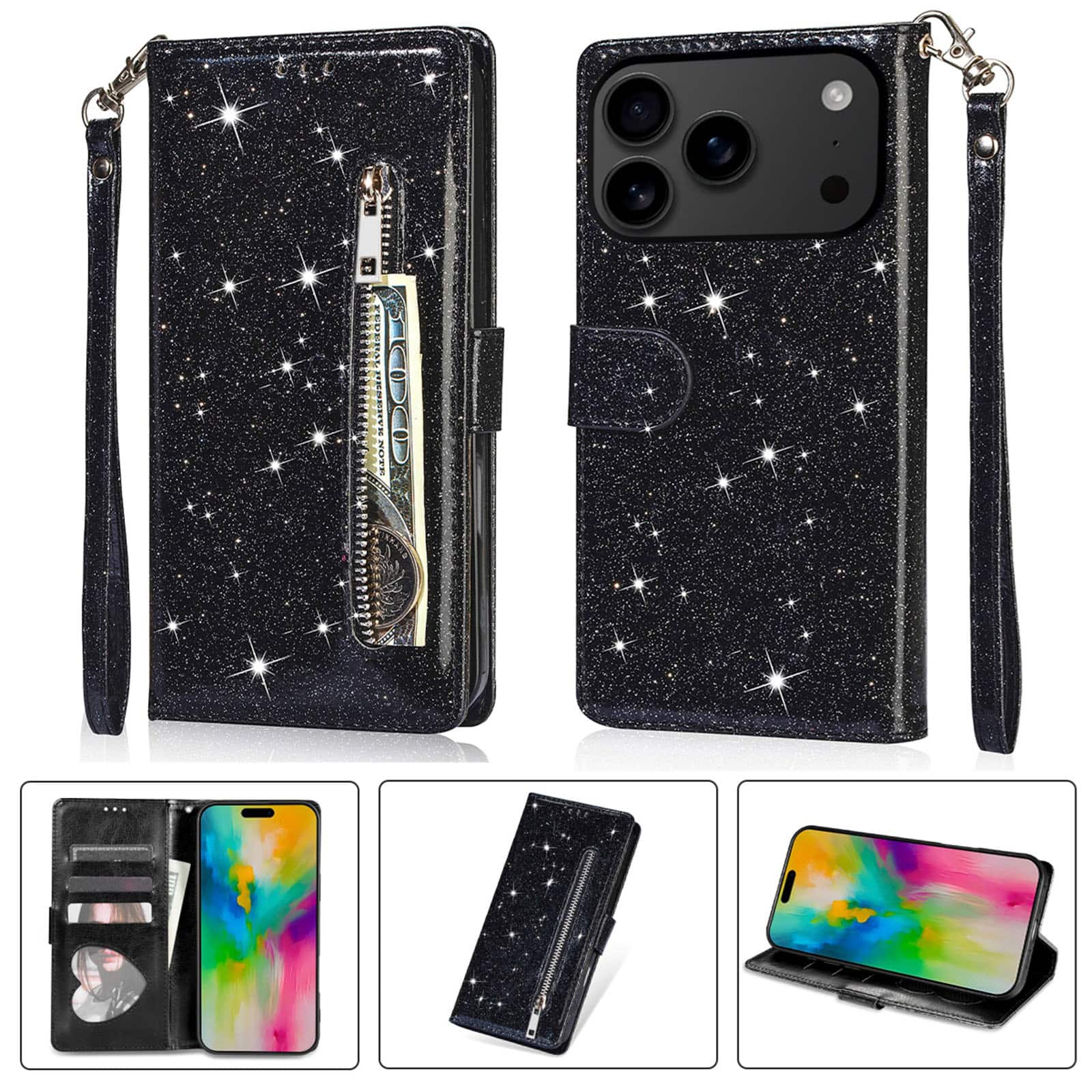 Dteck - Zipper Wallet Card Bling Glitter Sparkly Case for Apple iPhone 17 Pro, Shockproof PU Leather Holder Strap Cover - Black price history on PriceWatchPro