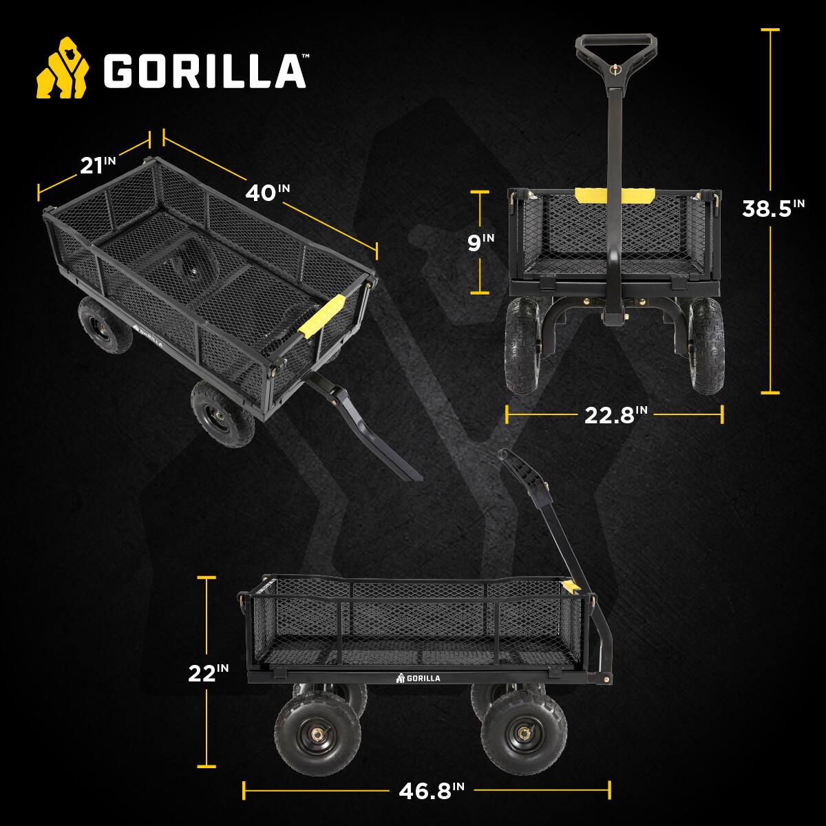 GORILLA  
21IN x 40IN x 9IN  
38.5IN x 22.8IN x 22IN  
46.8IN