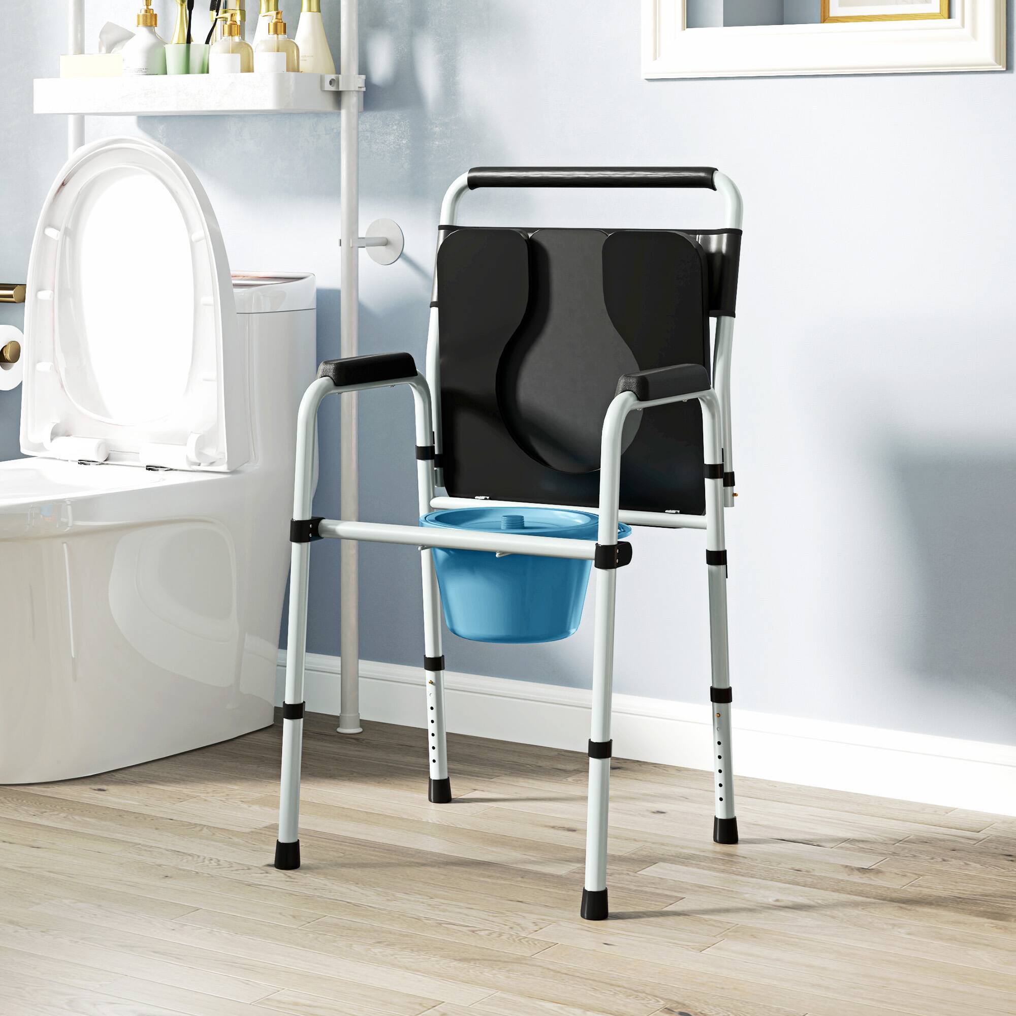 Alt View 7. Homcom - 4 in 1 Bedside Commode Shower Chair Portable Toilet Raised Toilet Seat with Handle for Seniors, Adults, Handicap - Black.