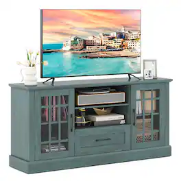 Costway - Farmhouse TV Stand for TVs up to 70" Entertainment Media Center Storage Cabinet - Teal Blue
