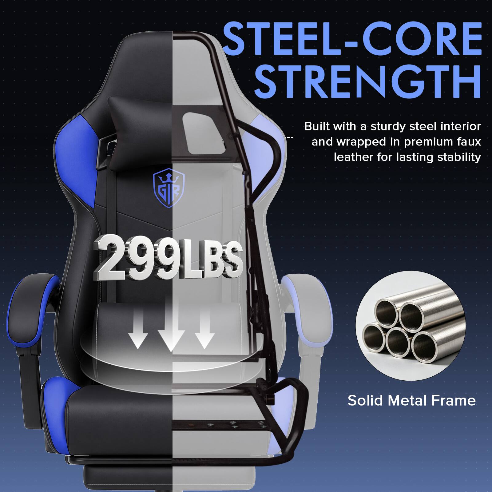 STEEL-CORE STRENGTH  
Built with a sturdy steel interior and wrapped in premium faux leather for lasting stability  
299LBS  
Solid Metal Frame