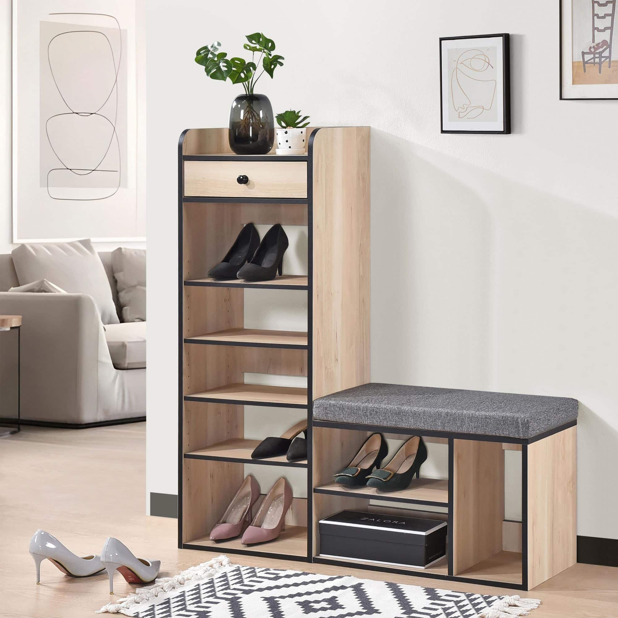 Kings Brand Furniture - Julian Bench & Shoe Rack, 7-Shelf Storage & Drawer - Brown